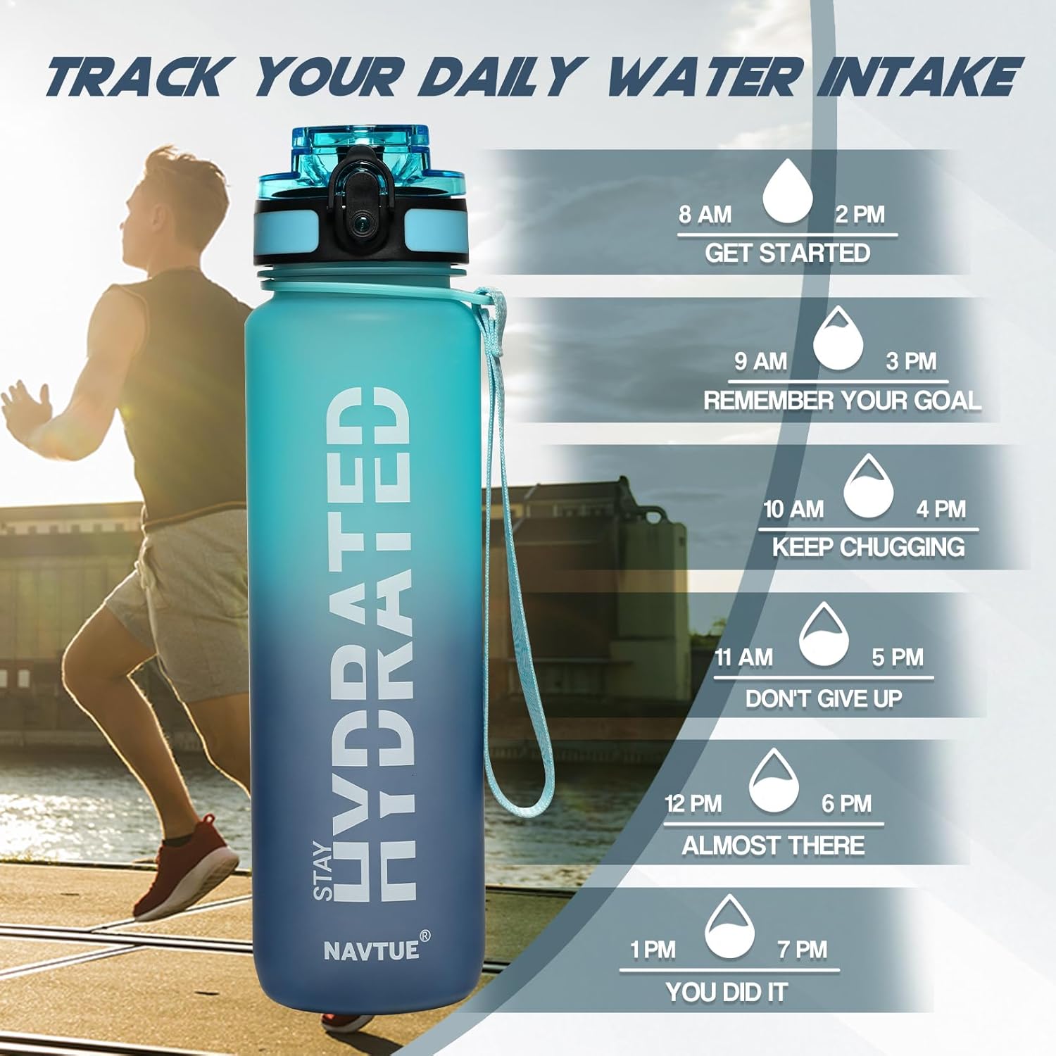 Water Bottle, 32 oz Sports Water Bottles with Time Marker Wide Mouth, Motivational and Leakproof Drink Bottle, BPA Free Tritan with Carry Strap for Gym Fitness Outdoor(1 Bottle) - Image 2