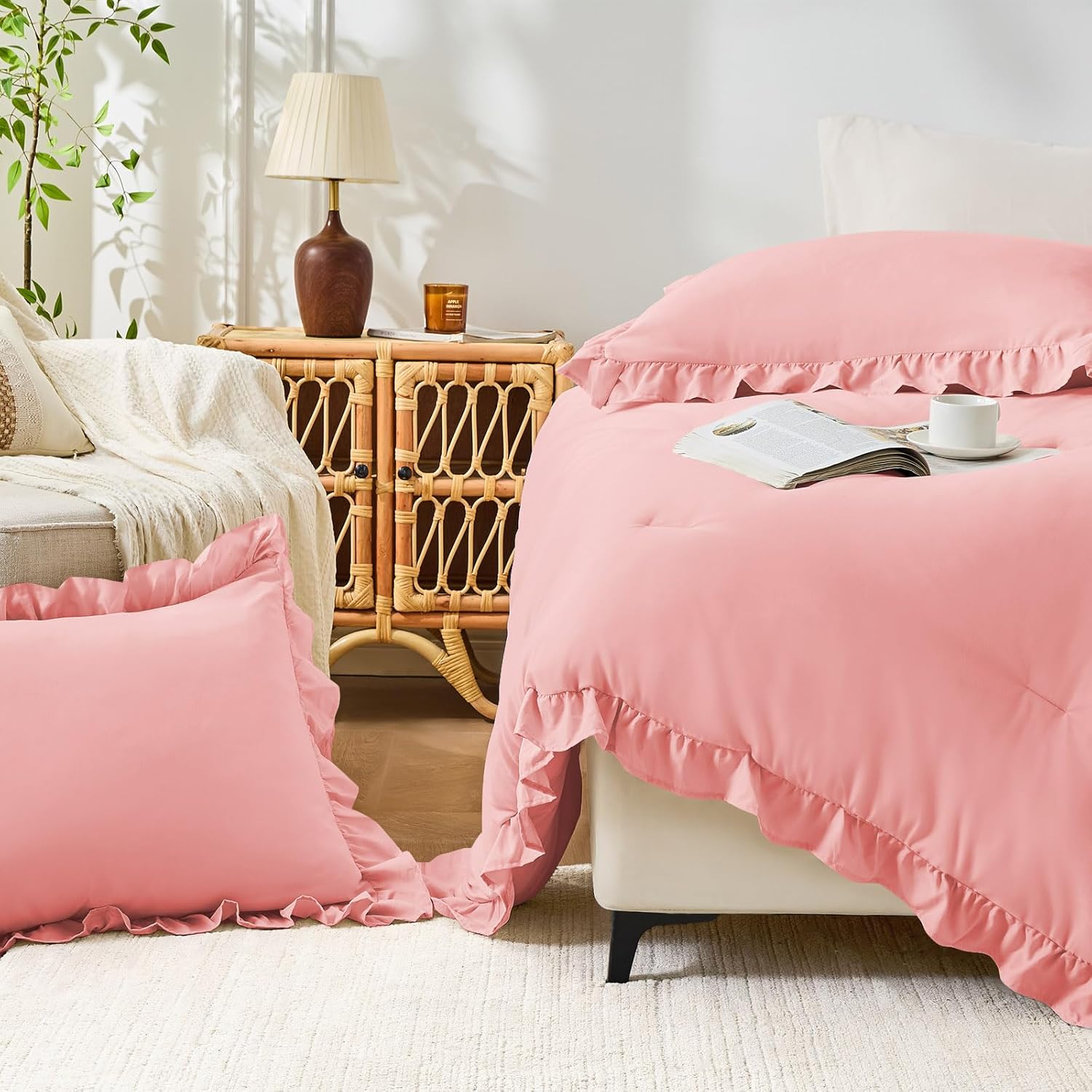 FUANNA Pink Queen Comforter Set, 3 Pieces Ruffle Queen Bed Set, Fluffy Queen Bedding Sets for All Seasons, Shabby Chic Bedding Comforter Sets with 1 Lightweight Comforter & 2 Pillowshams - Image 8
