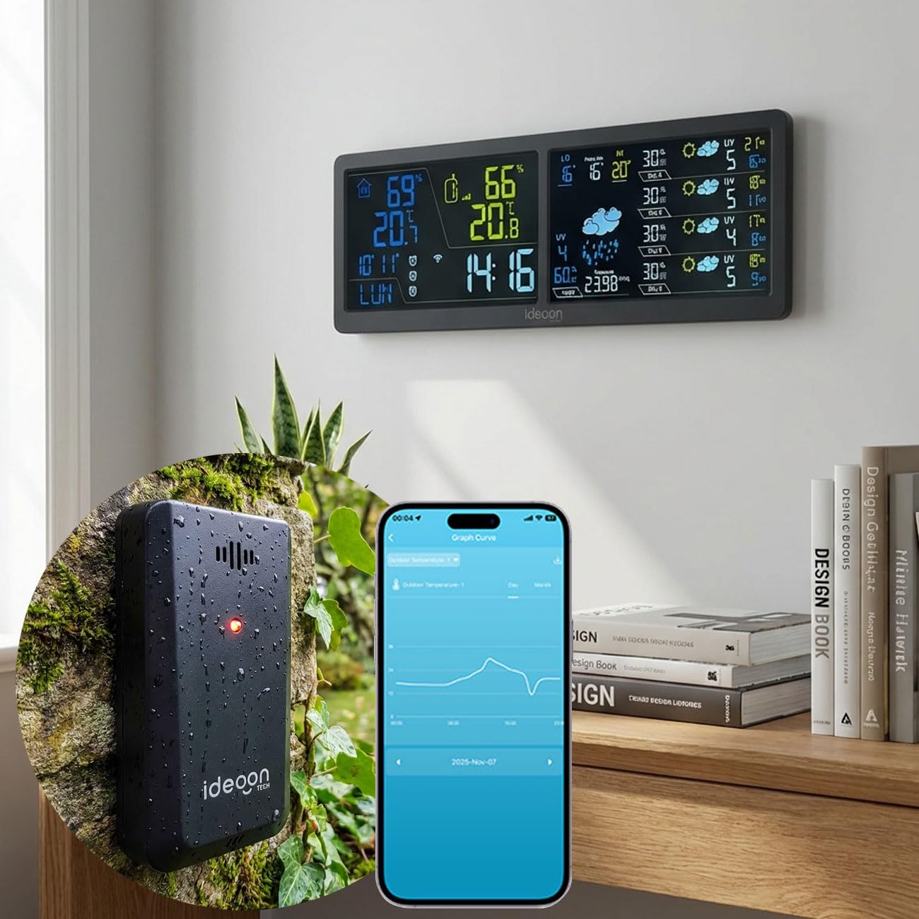 ideoon WLAN Wetterstation mit App & XXL Display: Tuya Smart Home, Aussen-Sensor, Weck-Alarm - Temperatur, Feuchtigkeit, UV Index, Wettervorhersage & mehr