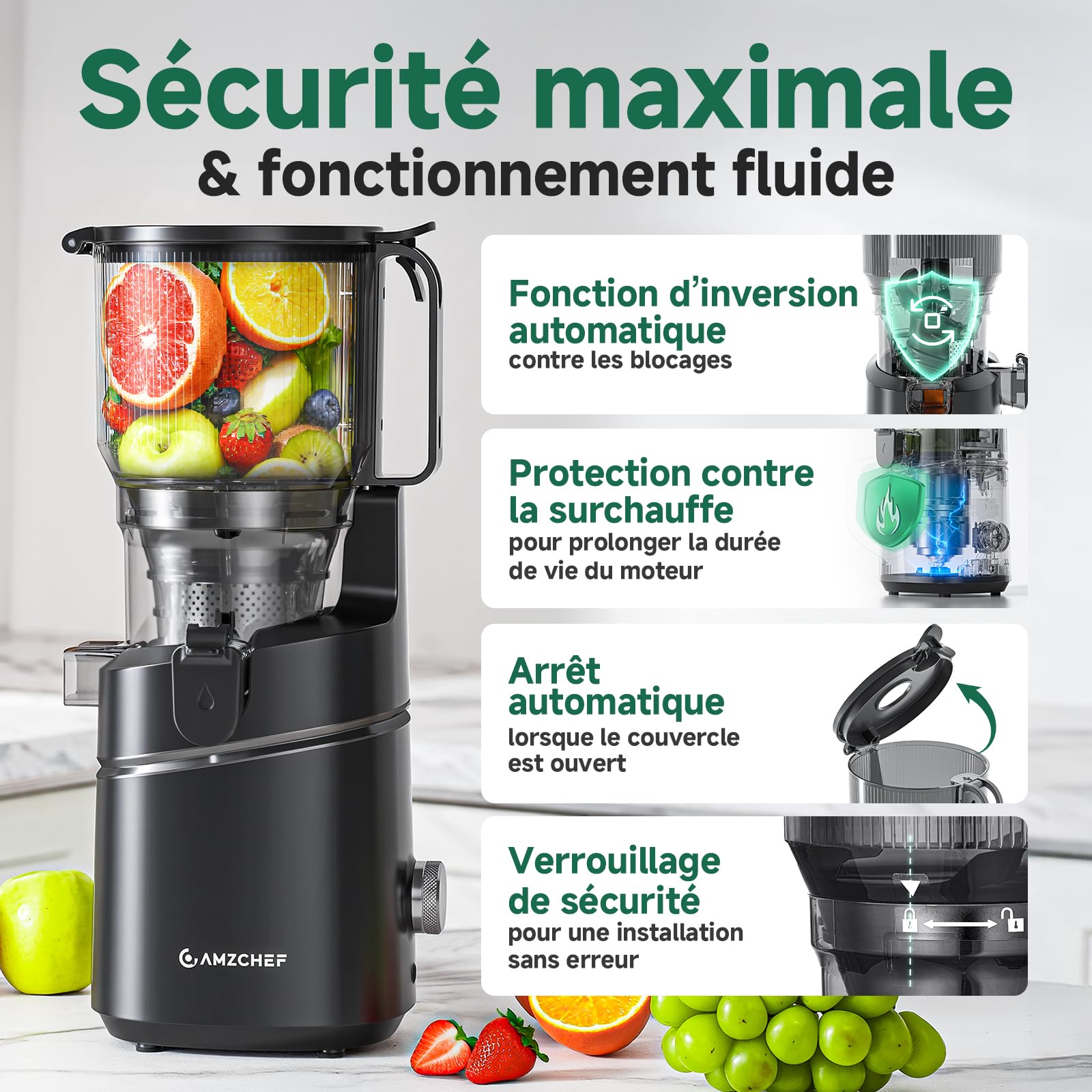AMZCHEF Extracteur de jus automatique 250W, ouverture 150 mm, capacité 2L, noir