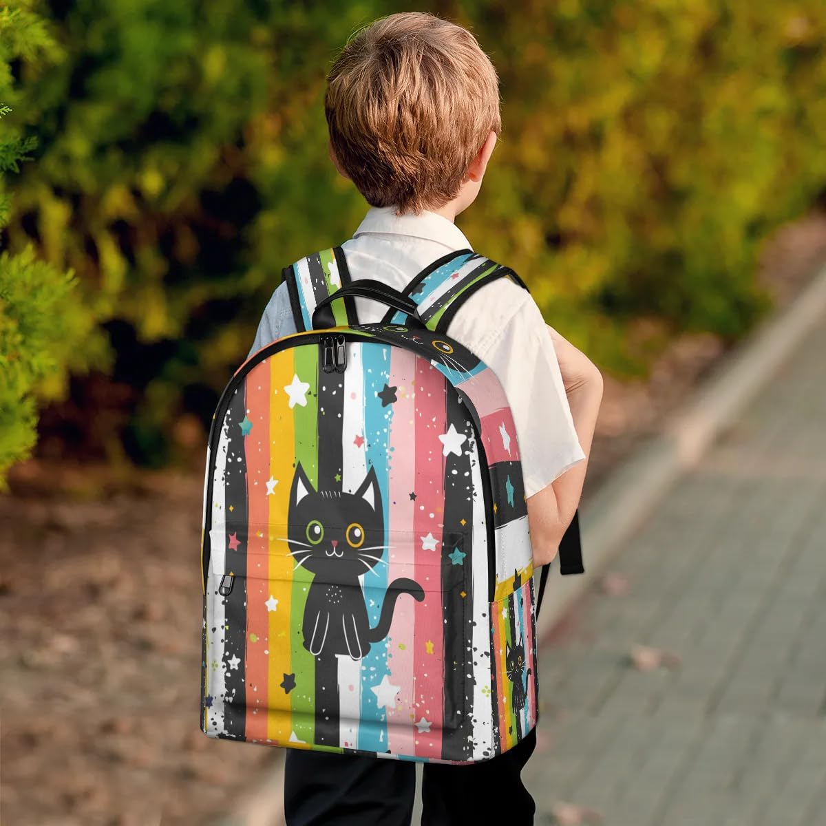 Black Cat Kids Backpack for Girls Teens Rainbow Cute Cat Elementary Primary Middle School Bags Cute Backpack Waterproof Casual Daypack