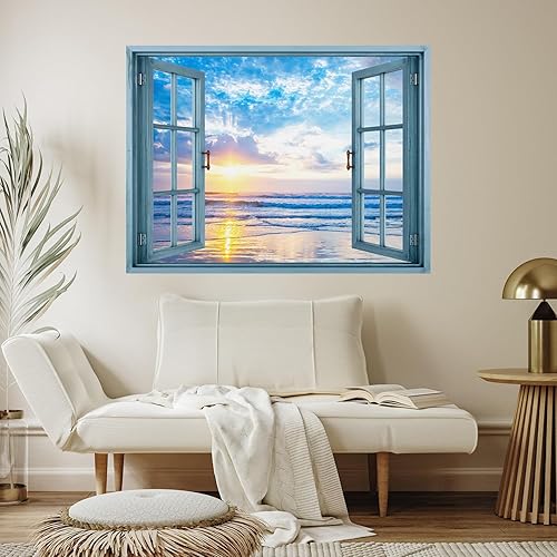 Miniatura 4 de wall26 Adhesivo removible de paredmural de pared, vista de ventana, cielo azul pastel, puesta de sol, océano tropical, playa, naturaleza, desierto,