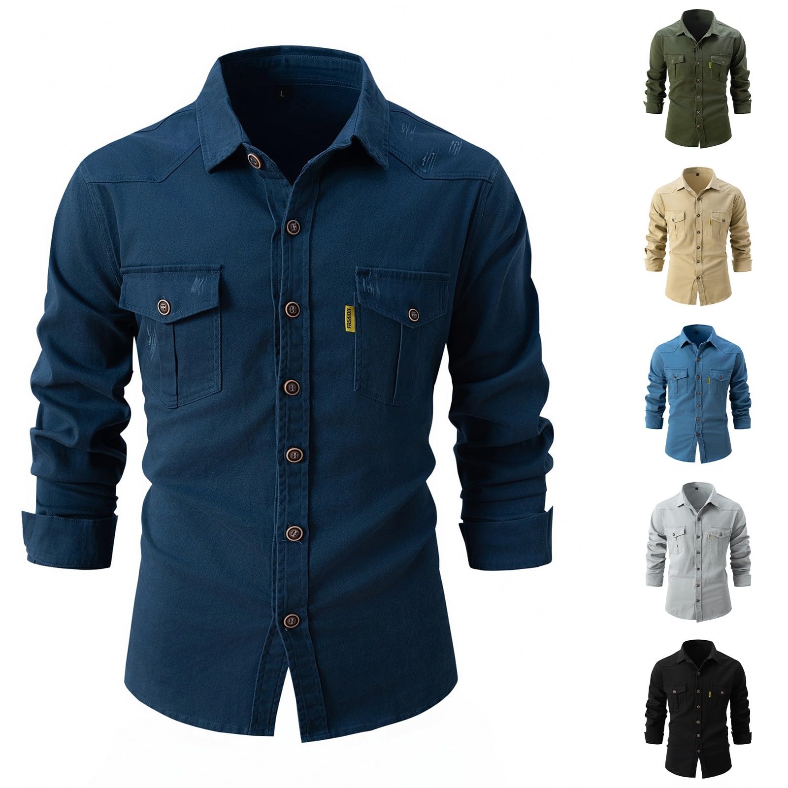 Generisch Camisa de manga larga para hombre Ajuste cómodo: camisa informal de algodón de manga larga con bolsillo en el pecho, camisa de negocios con botones de presión, camisa tradicional de color