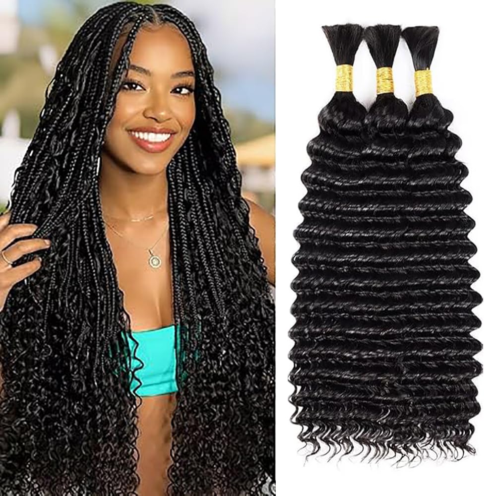 Echthaar Tressen Deep Wave Human Braiding Hair for Boho Braids Natural Black #1B Color Menschliches Haar Human Hair Extensions No Weft Weave 50g/Piece 28 28 28 Zoll