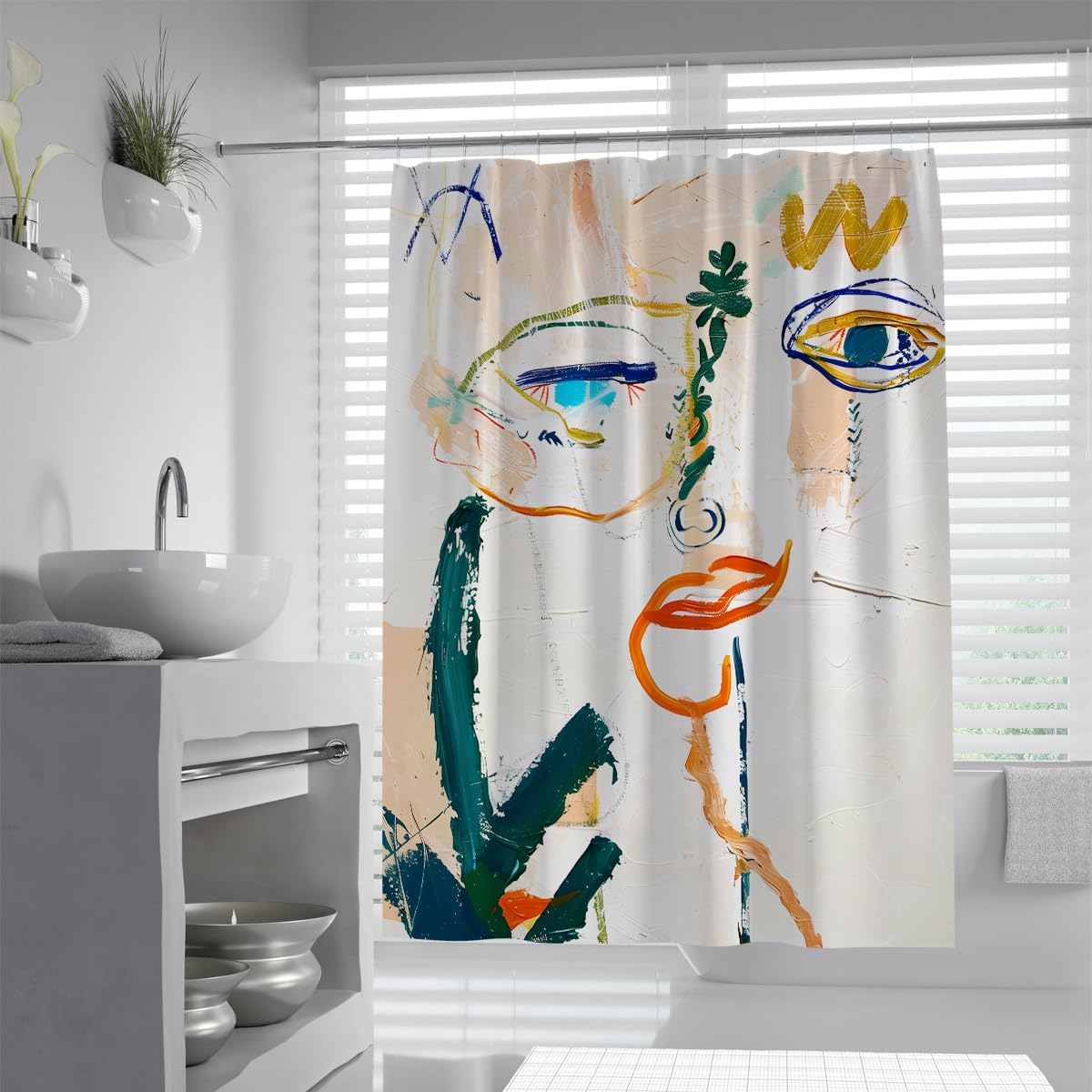 UIRINGART Avant Garde Shower Curtain W180xL200cm Abstract Face Graffiti Line Art Mildew Mould Resistant with Rustproof Grommets Polyester Lightweight Bathtub Curtains