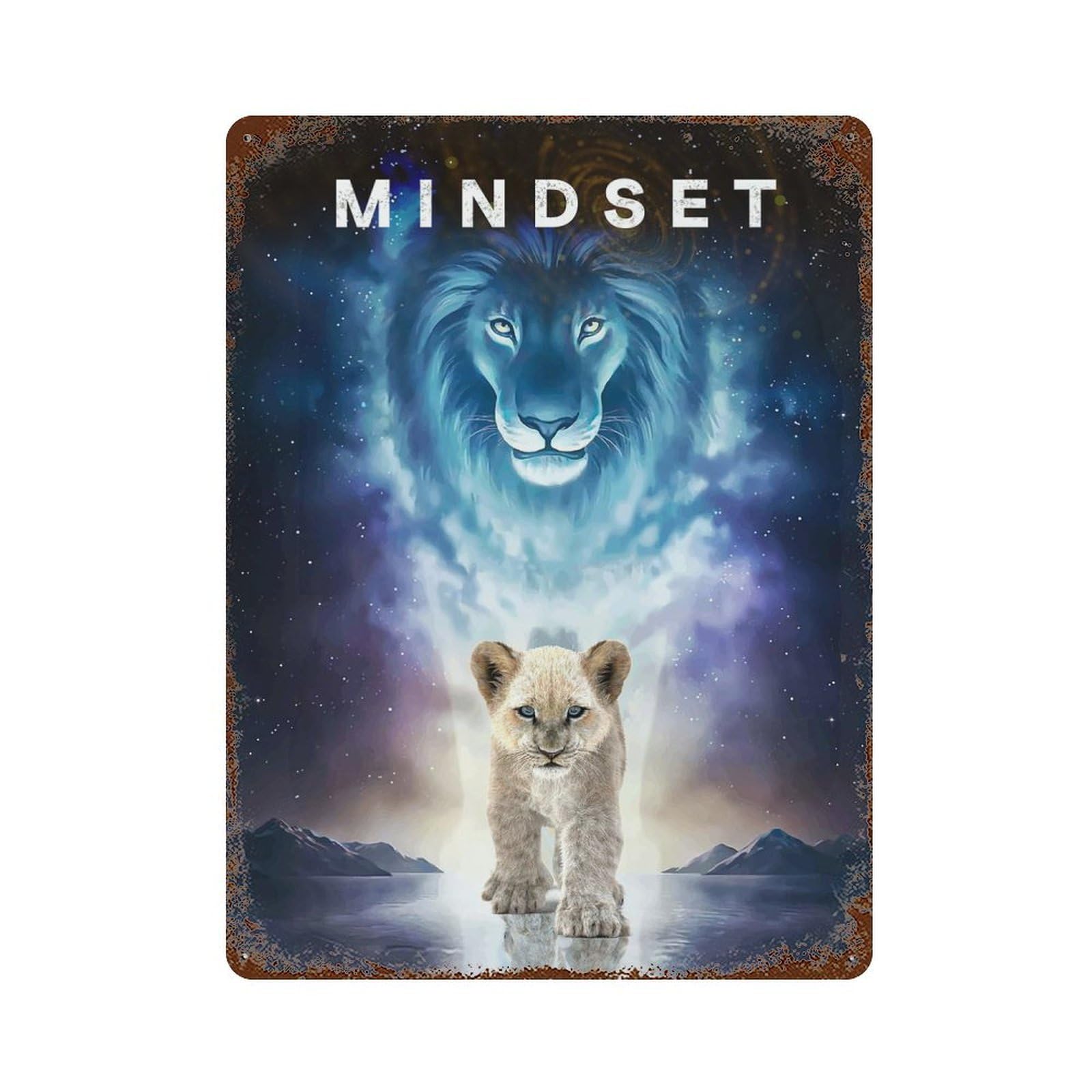 Aged Metal Wall Plaque with Lion Mindset Power Within Design 15.7"x11.8", for Farmhouse, Kitchen And Entryway Decor, Retro Wall Decor
