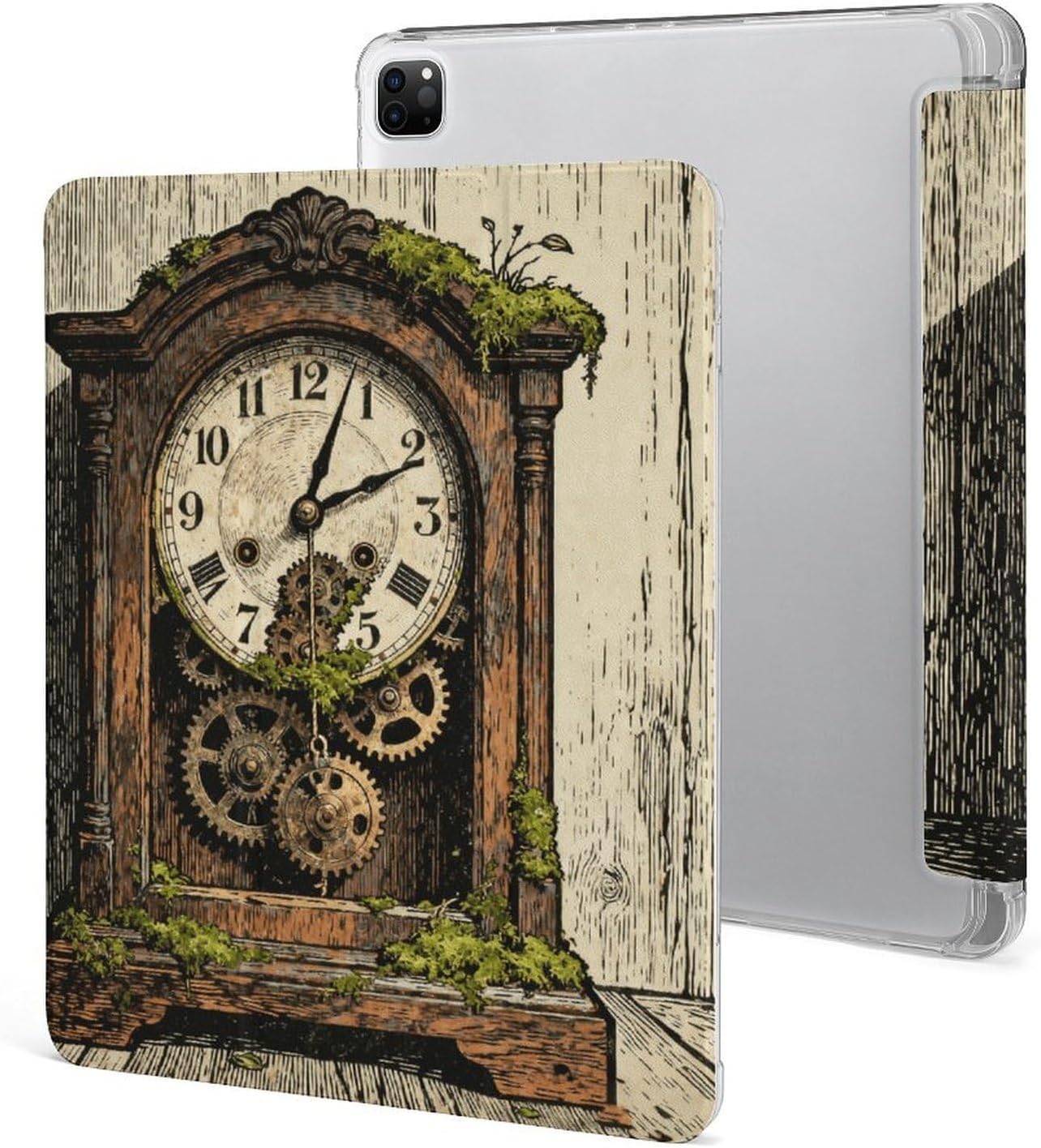 Woodcut Clock Gear 12.9 in Trifold for iPad Case with Pencil Holder