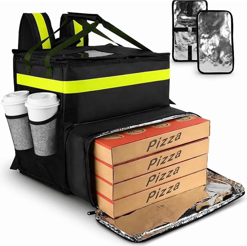 Bodaon Food Delivery Backpack, Large Insulated Pizza Delivery Bag, Green | Fits 14" Pizza Box, for Commercial Delivery, Cup Holders & Reflective Strip& 2 Base Plates, Expandable Bike Delivery Backpack