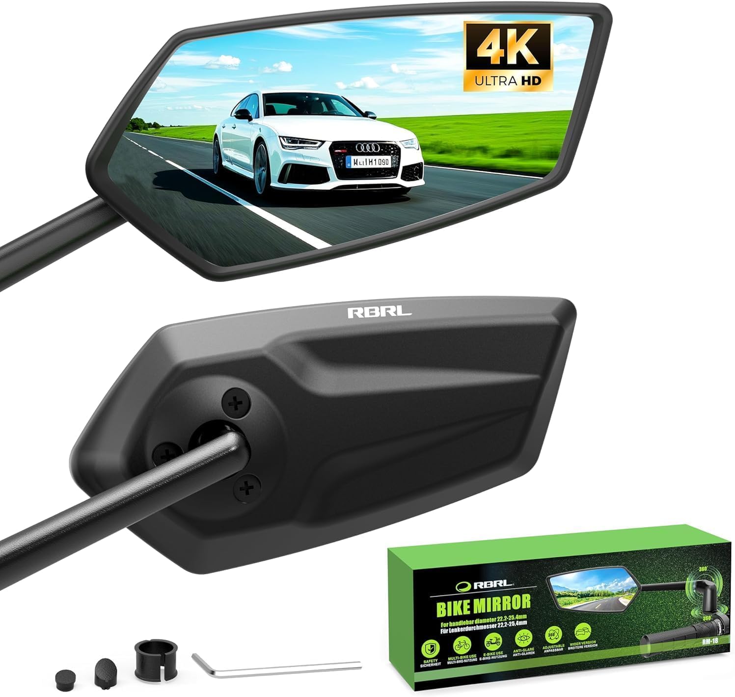 RBRL Bike Mirror, 3D Adjustable Arm for Extended Reach, Aluminum Alloy Anti-shake Bicycle Rearview Mirrors, 360° Panoramic Rearview, Wide Angle Shatterproof & Foldable E-bike Mirror(left+right)