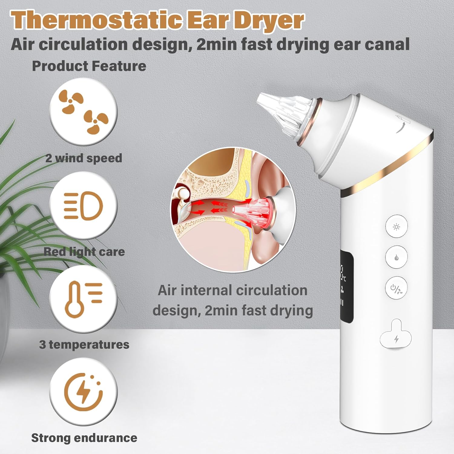 TopQuaFocus Ear Dryer, Rechargeable Ear Water Drying Device for Swimmers, Ear Fluid Remover for Swimming, Showering, Surfing, Scuba and Hearing Aid Use, Electric Ear Blower