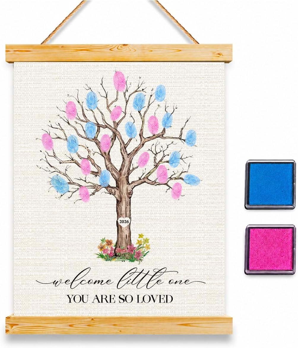LyoGao Gender Reveal Fingerprint Tree Wall Decor, Baby Shower Decoration | Boy or Girl Canvas Guest Books, Baby Shower Party Game & Decoration Supplies 15x12 Inch, Thumbprint Hanging Paintings
