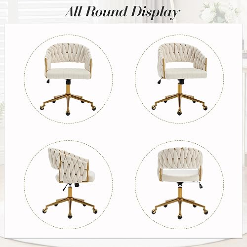 Miniatura 8 de ABET Silla de escritorio con ruedas, silla de terciopelo para oficina en casa, sillón giratorio con base dorada, inclinación trasera ajustable,