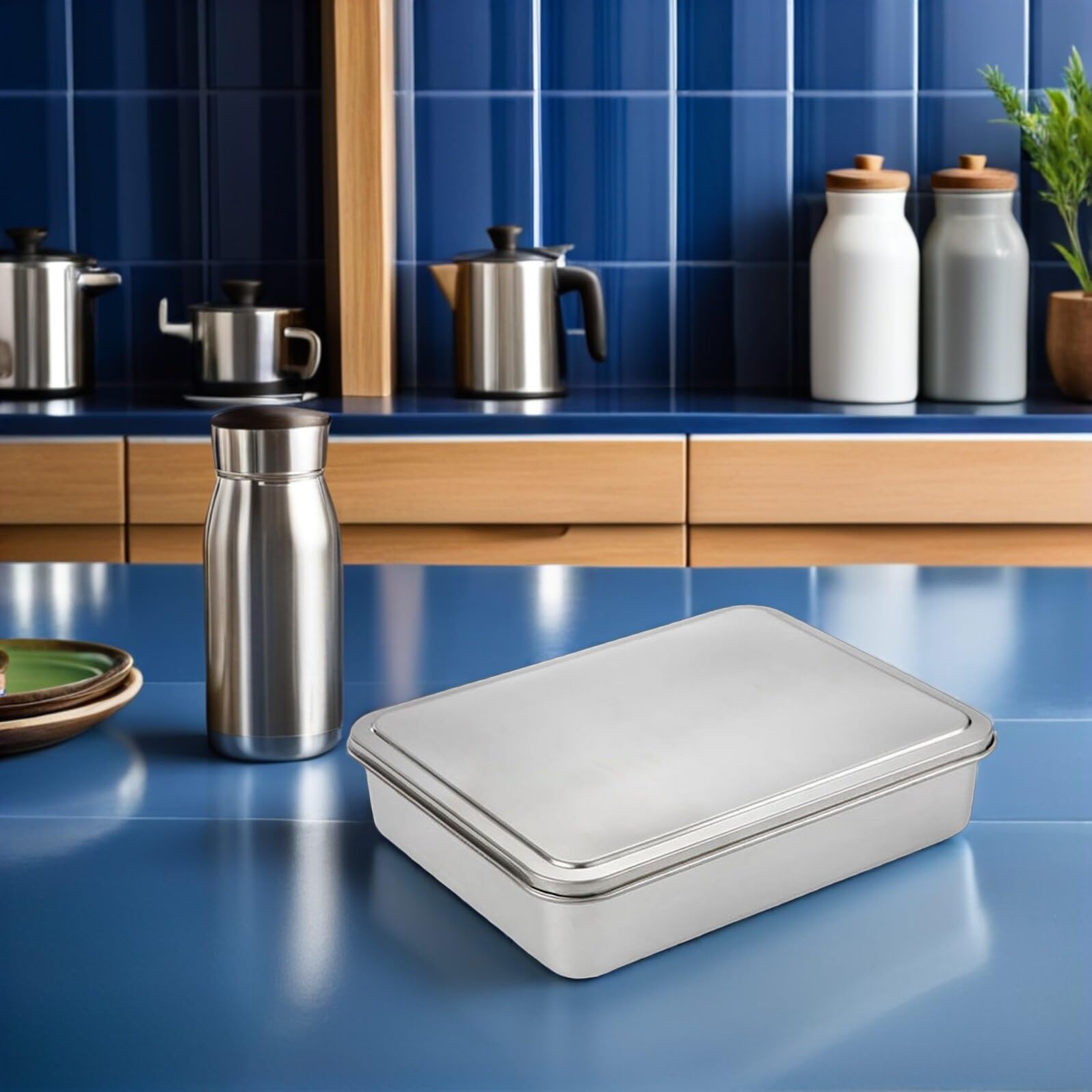 Molde para Pasteles Rectangular de Acero Inoxidable con Tapa Antiadherente Tamaño 335X285X6 CM Adecuado para Hornear Tiramisú y Conservar Postres Molde de Repostería