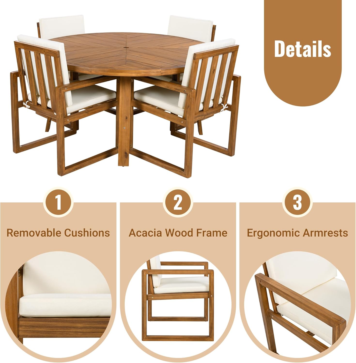 5-Piece Acacia Wood Outdoor Patio Dining Set | 4 Armchairs & Table for Garden/Backyard | Durable Weather-Resistant Patio Furniture