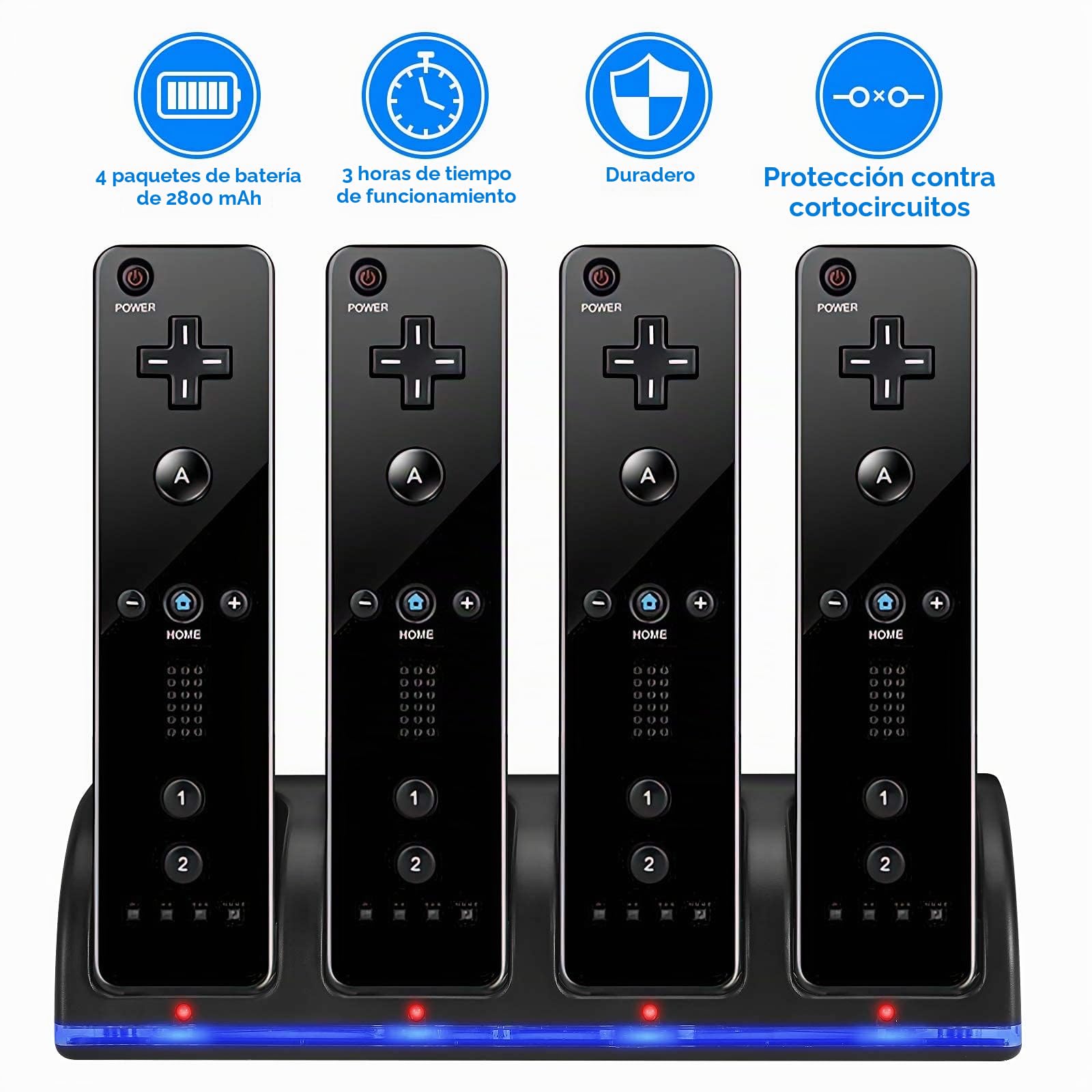 Estación de carga para controlador Wii, estación de carga 4 en 1 con 4 pilas recargables de 2800 mAh para control remoto de juego Wii/Wii U