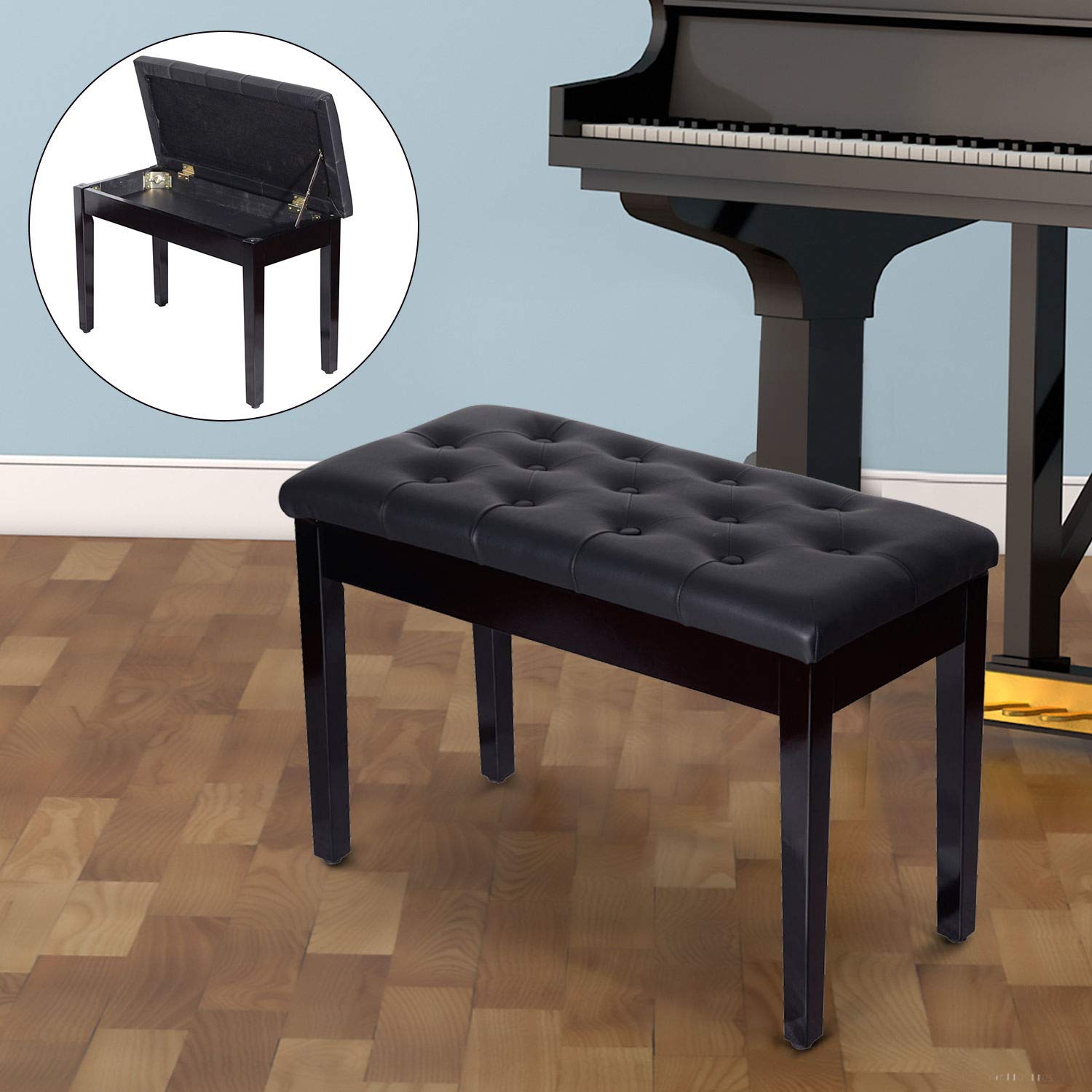 HOMCOM Banco de Piano con Almacenamiento, Banqueta de Piano con Asiento de Cuero Sintético, Patas de Madera, Carga Máxima 200 kg, 76x36x50 cm, Negro