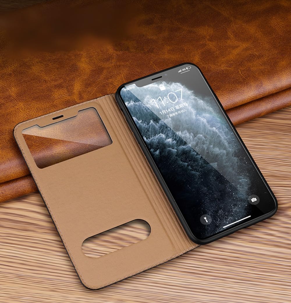 Magnetic Genuine Leather View Window Case for iPhone 15 14 13 12 11 Pro MAX XR XS 7 Plus Case Wallet Flip Stand Answer,red,for iPhone 14 Plus