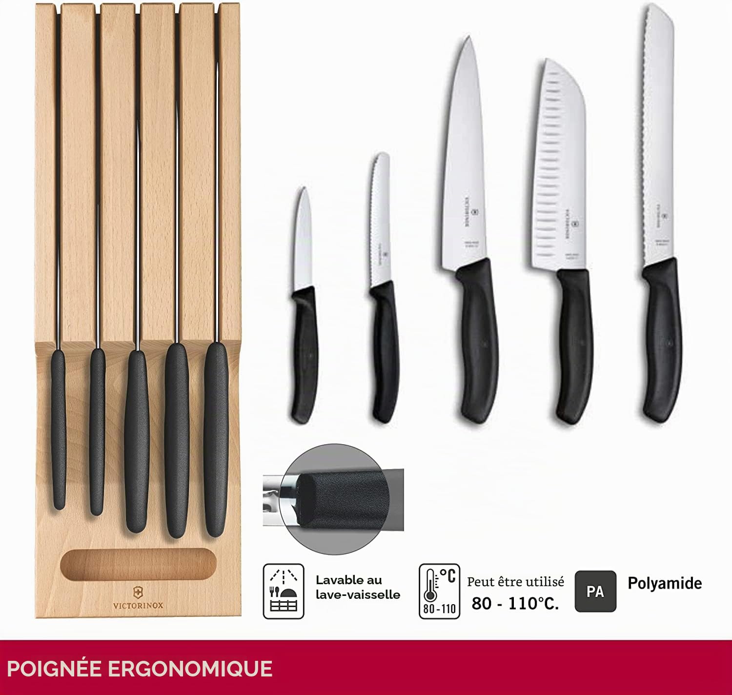 Victorinox Swiss Classic Range-Couteaux pour Tiroir, 5 Pièces, Couteaux d’Office, à Tomate et Couteau de Table, Couteau à Découper, Couteau Santoku, Couteau à Pain, Bois de Hêtre