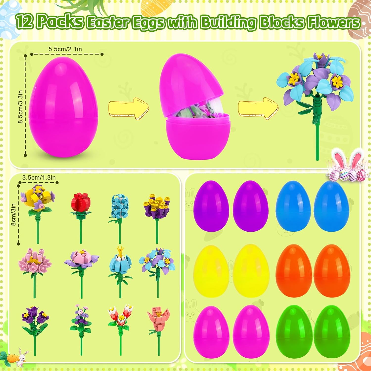 Easter Basket Stuffers - 12pcs Prefilled Plastic Easter Eggs with Flower Building Blocks Toys Inside for Teens Kids Girls Boys Egg Hunt Prizes, Party Favors and Classroom Gifts