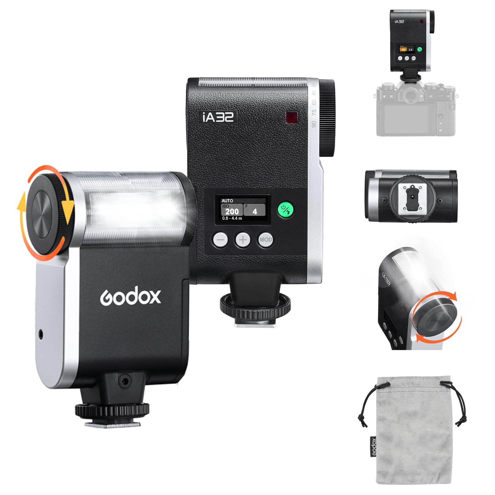 GODOX iA32 Mini Camera Flash, Mini Godox Flash with 8 Levels Power Output, Auto/Manual Flash, 490 Full Power Flashes, S1/S2 Optical Control, Single