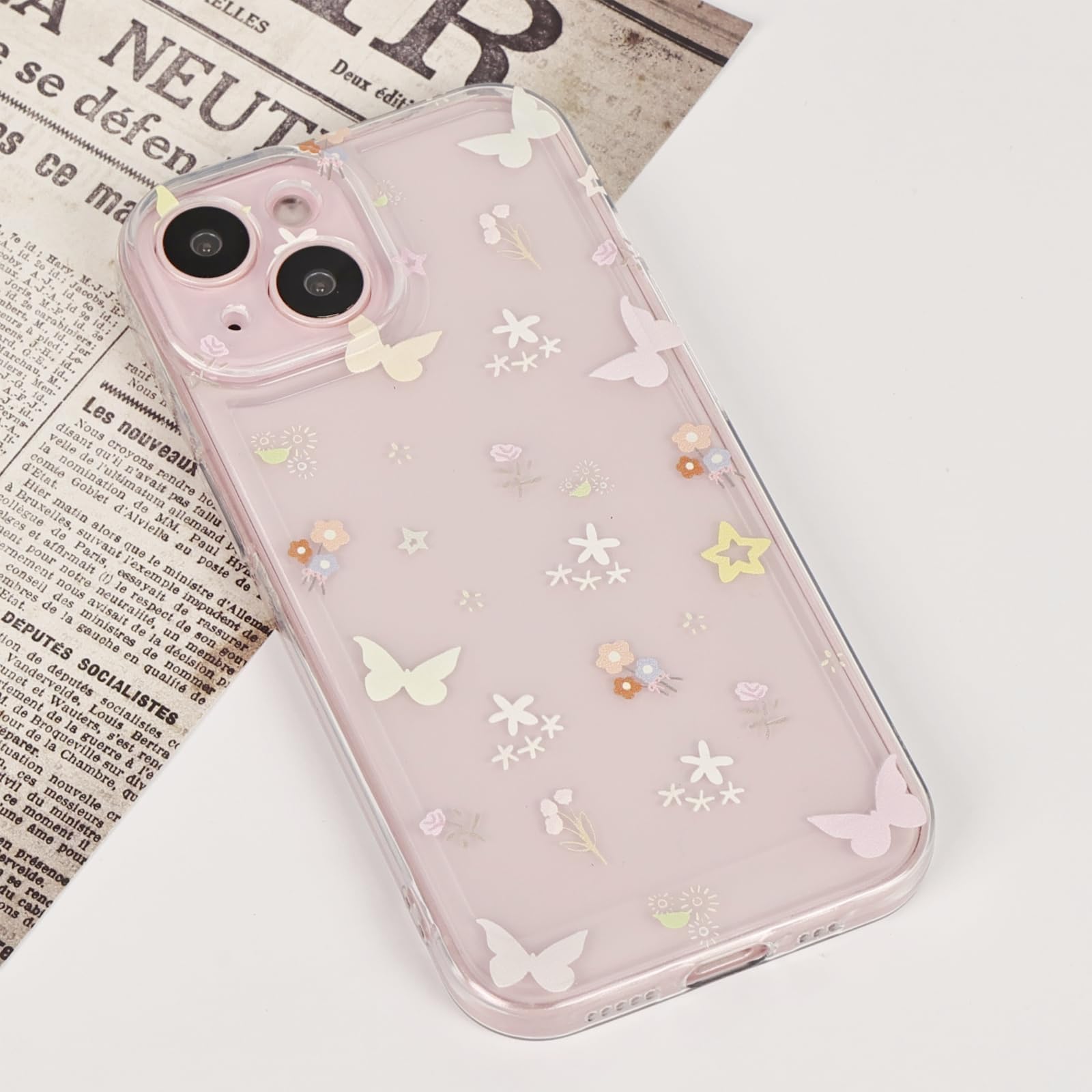 Compatible with iPhone 13 Case Clear Drop-Resistant Phone Case with Pretty Floral Butterfly Pattern Soft TPU Phone Cover
