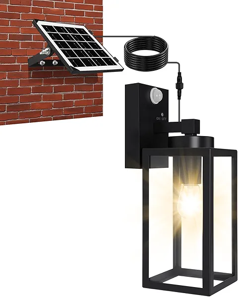 Solar Outdoor Porch Lights with 3 Modes, Separate Panel, Easy to Replace Battery, Dusk to Dawn Motion Sensor Wall Lantern, IP65 Waterproof Exterior Security Lamps for House Garage Patio Decorative