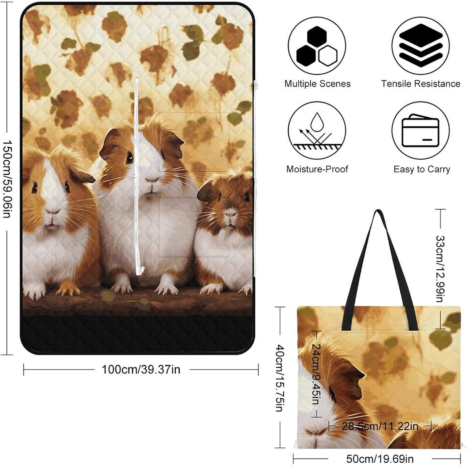 Guinea Pigs Picnic Blanket 150x100cm, Foldable 2-in-1 Picnic Mat and Tote Bag Portable Waterproof Beach Mat Sandproof Outdoor Blanket for Park, Hiking, Beach, Camping, Travel