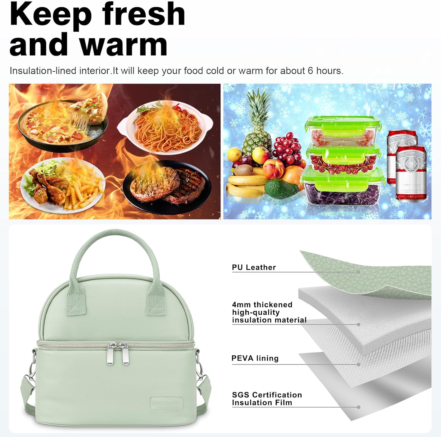 BALORAY Lunch Bag for Women Men, Double Deck Lunch Box for Adults, PU Leather Lunch Tote Bag Insulated Lunch Bags with Strap for Work Office Picnic(Green with strap)