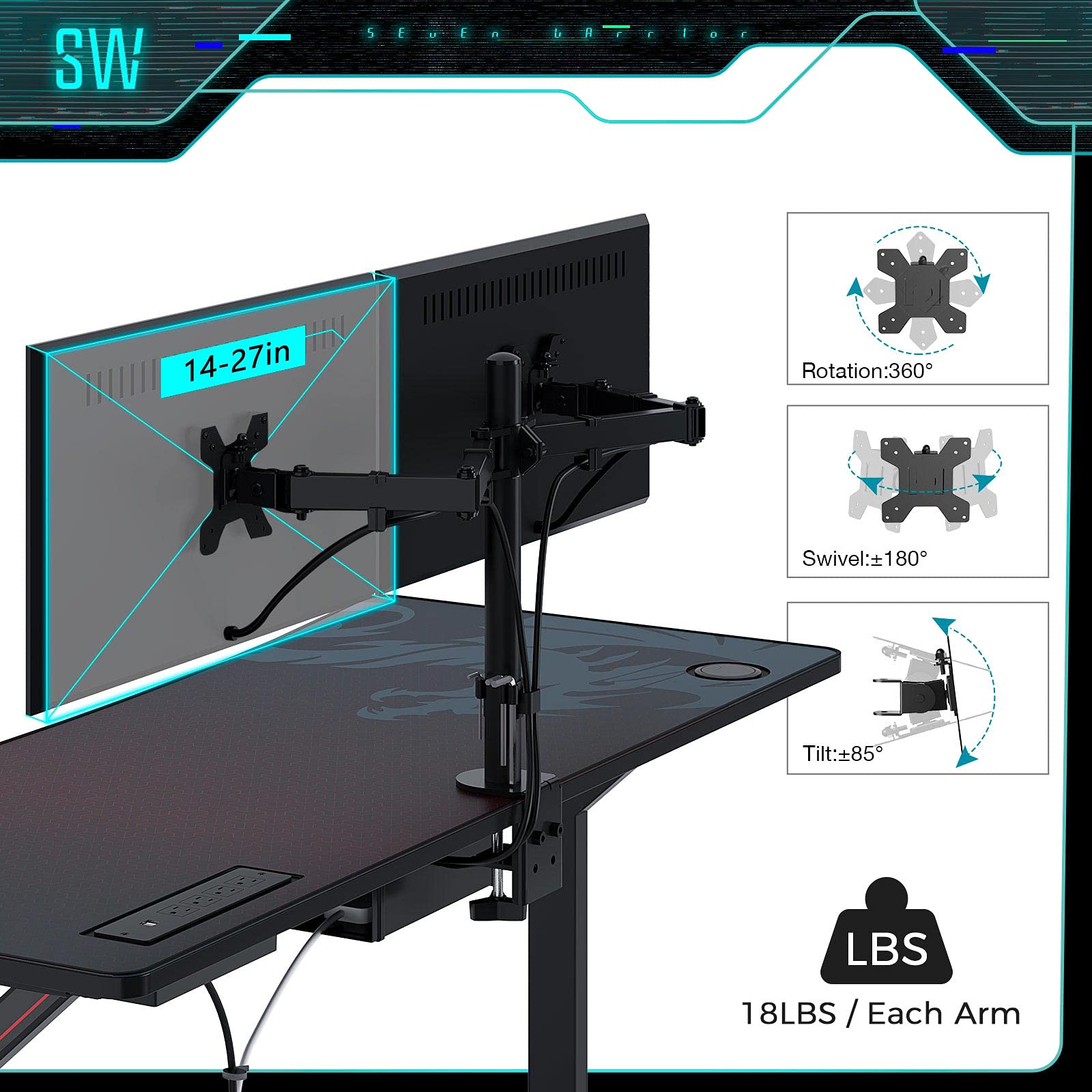 SEVEN WARRIOR Gaming Desk 55INCH with Power Outlet & Dual Monitor Mount, Carbon Fiber Surface