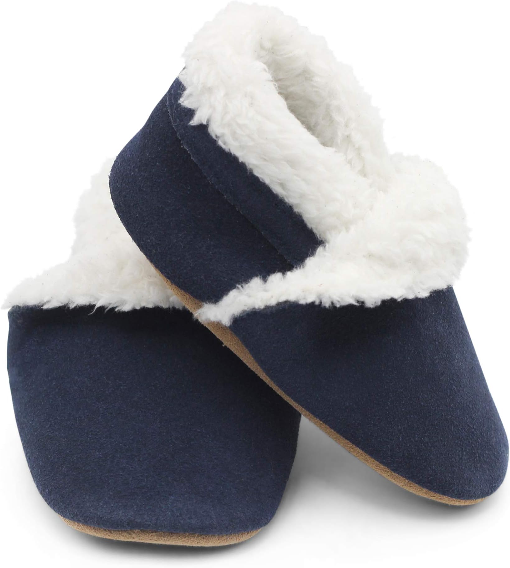 Baby & Kids Real Suede Slippers โ Barefoot, Fleece-Lined, Non-Slip, Lightweight, Flexible, Stay On, Warm & Cosy, Boys & Girls Winter House Shoes - 0-6 Months - 5-6 Years