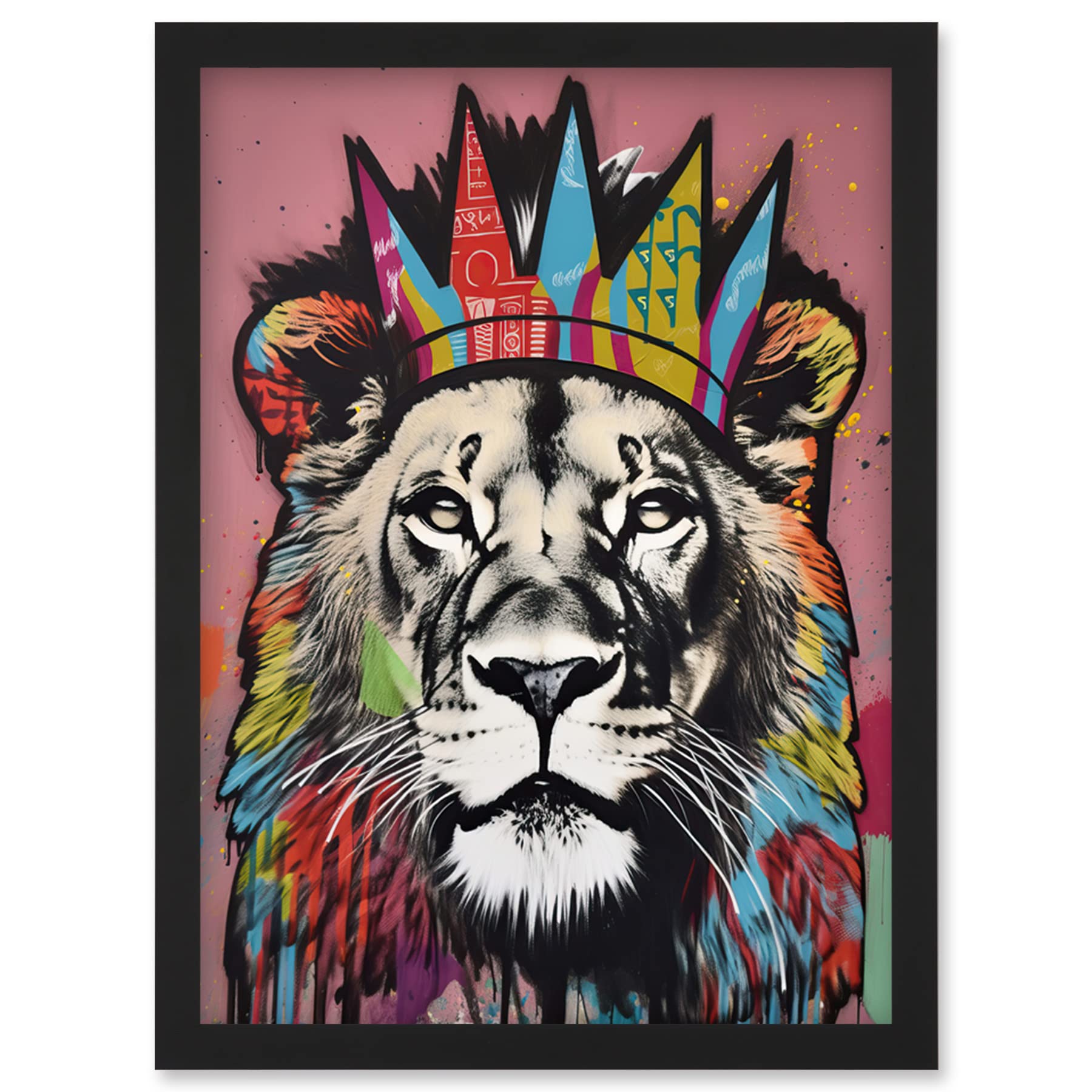 Artery8 Lion with Crown King of the Jungle Modern Pop Art Artwork Framed Wall Art Print A4