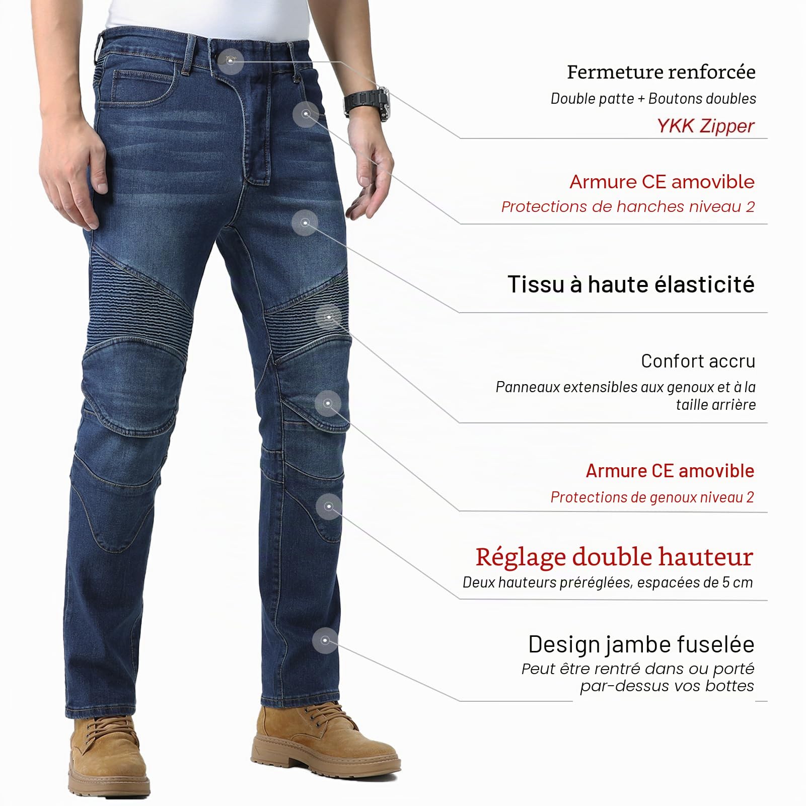 CTBQiTom Jean Moto Homme, Protections CE Niveau 2 Amovibles en Denim | Protecteurs Nid d'Abeille EN1621-1, flexibles par temps froid, respirables, pour ville et road trip, toutes saisons