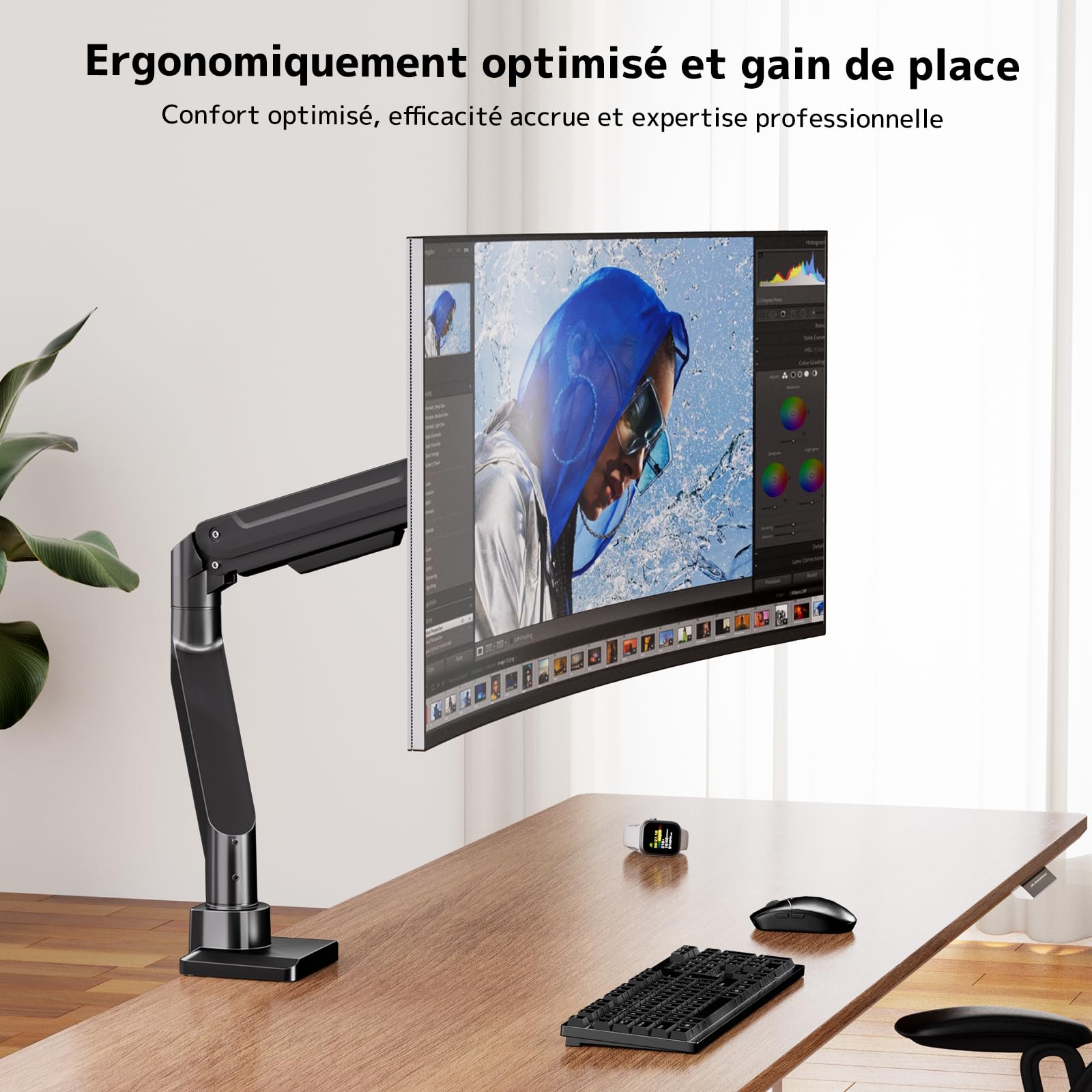 Support Moniteur 1 Écran pour 17-49 Pouces – Bras Moniteur Ultrawide, Inclinable, Réglable en Hauteur, Pivotant, Charge Max 20KG, VESA 75/100mm, Noir