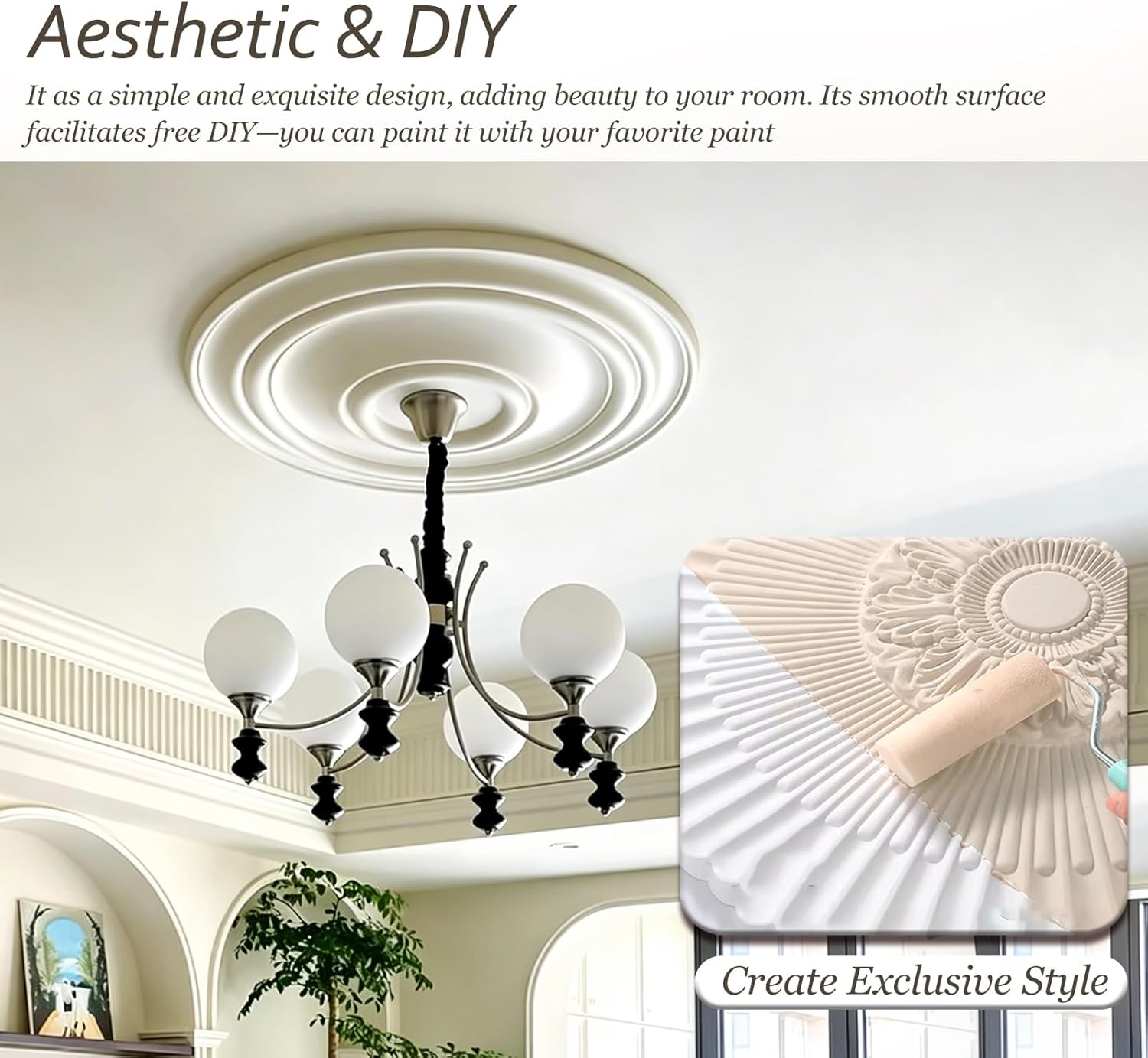 Minimalist White Ceiling Medallion, DIY Home Lighting Ceiling Medallions, Smooth Chandeliers Decorative Rose for Ceilings Renovation