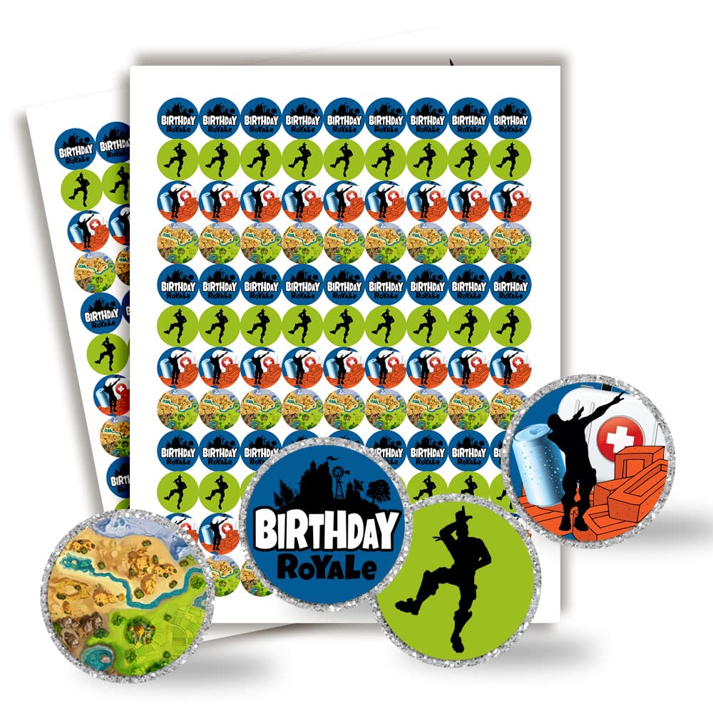 Fort Battle Video Gaming Theme Birthday Party Kiss 300 Sticker Labels 0.75" Circle for Chocolate Drop Kisses, Kids Party Stationery Set, Envelope