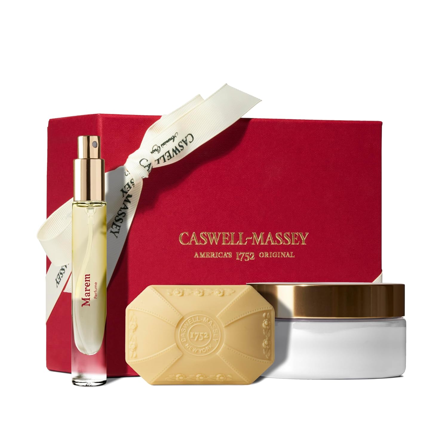 Caswell-Massey Marem Gift Set, Perfume, Body Cream & Bath Soap For Men & Women, Wrapped In Premium Gift Packaging, 7.5 mL + 8 Oz + 3.5 Oz