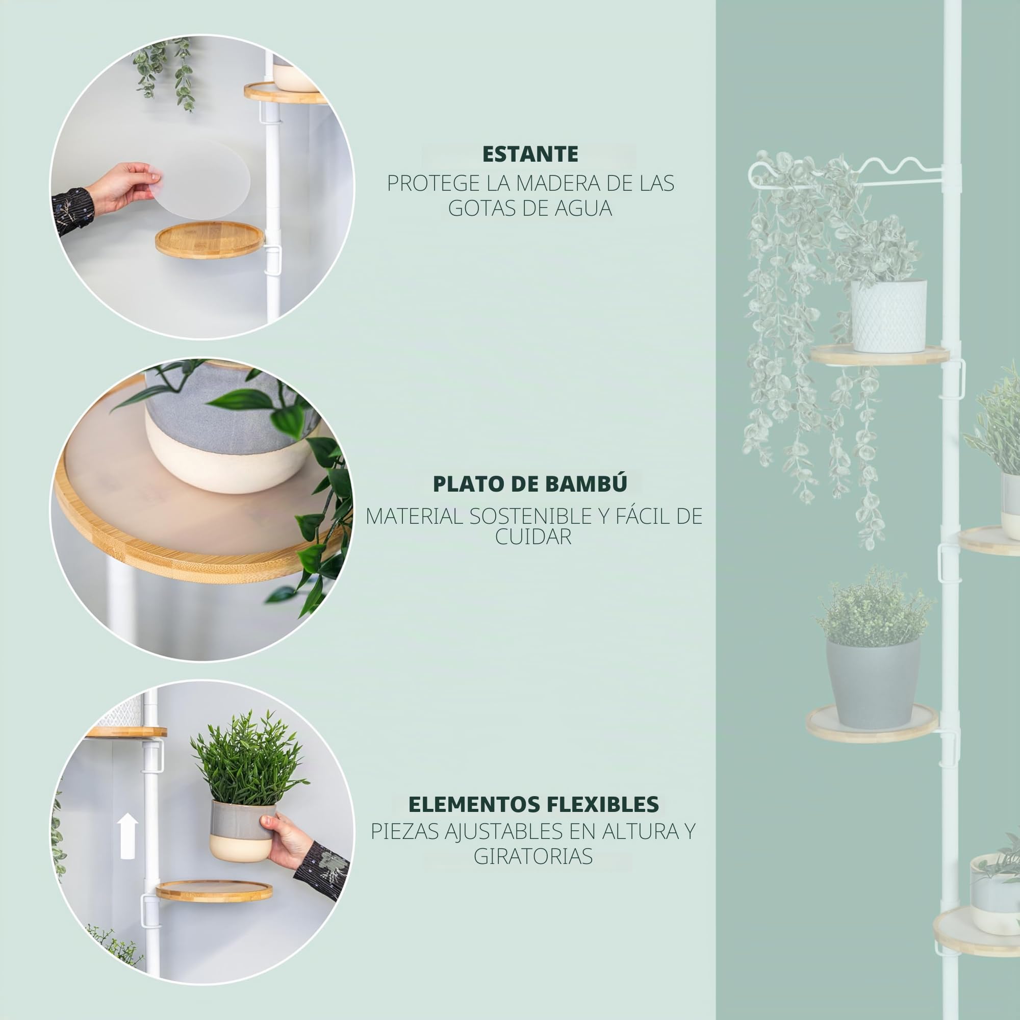 bremermann Estantería telescópica para flores 4 estantes y soporte para trepar, versátil para usar en el salón, el baño o la cocina - altura variable de 140 a 290 cm, color blanco