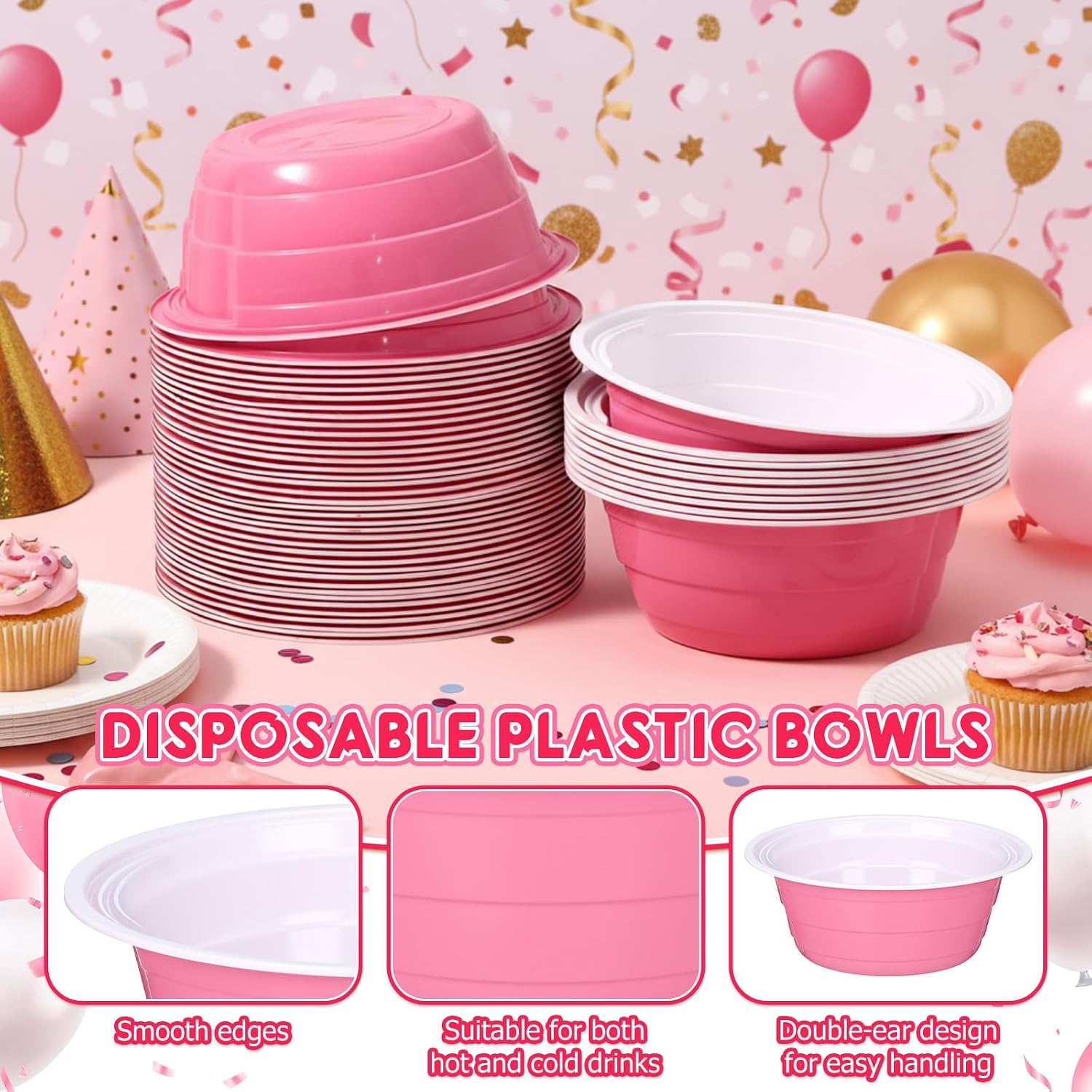 Baderke 50 Pcs Pink Party Cup Bowls, 23 oz Disposable Plastic Bowls for Cold and Hot Food, Snacks, Salads and Desserts for Graduation Party Supplies, Birthday, Holiday Event