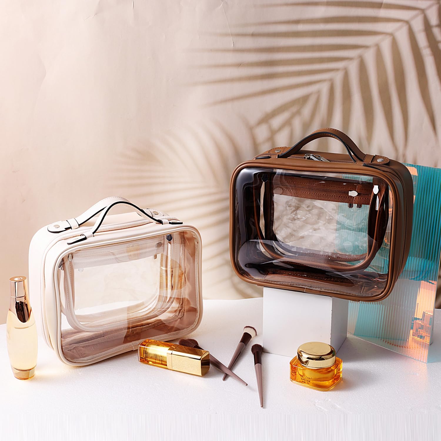 SANHECUN traveling toiletry case clear cosmetics case makeup bag (Beige, Small)