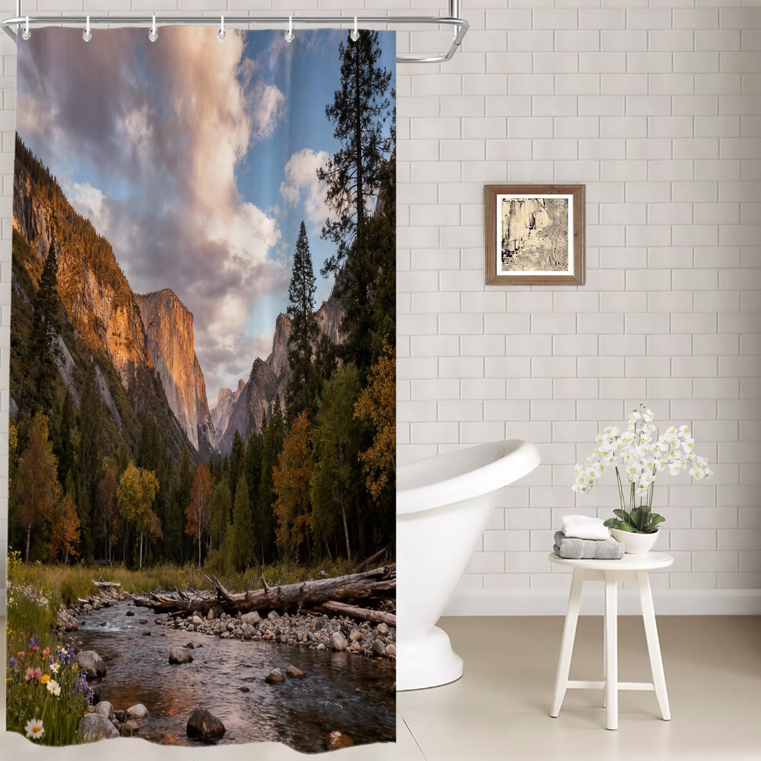 Batmerry Cortina de ducha con diseño de paisaje salvaje verde savia, hermosa decoración de baño de fibra de poliéster, anillos de plástico de secado rápido, impermeable, para bañeras/baño, 72 x 36