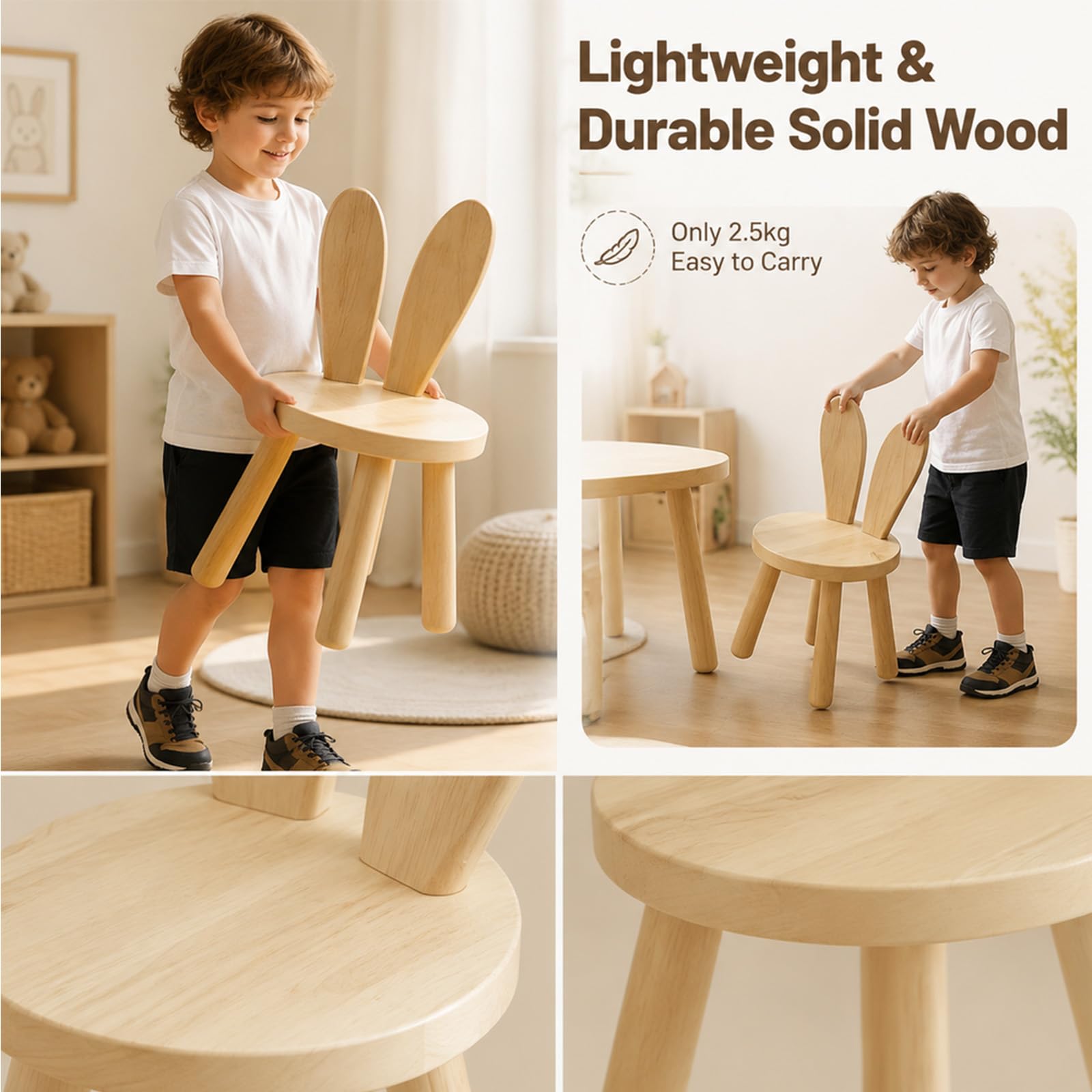 Kinderstuhl Holz, Kinderstuhl ab 3 Jahr Massiv, Kinderzimmer Stuhl 45 x 26cm mit Hasenohren Rückenlehne, Kinderhocker für Essen, Lesen und Spielen