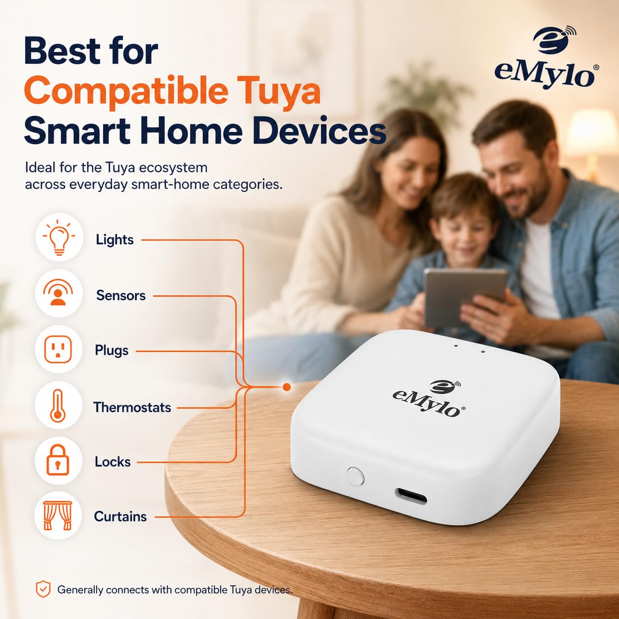 eMylo Passerelle Tuya Zigbee 3.0 Bluetooth, Hub Maison, USB C | Hub WiFi 2,4 GHz pour appareils Tuya Zigbee et Tuya Bluetooth, app Smart Life , alimentation Type C