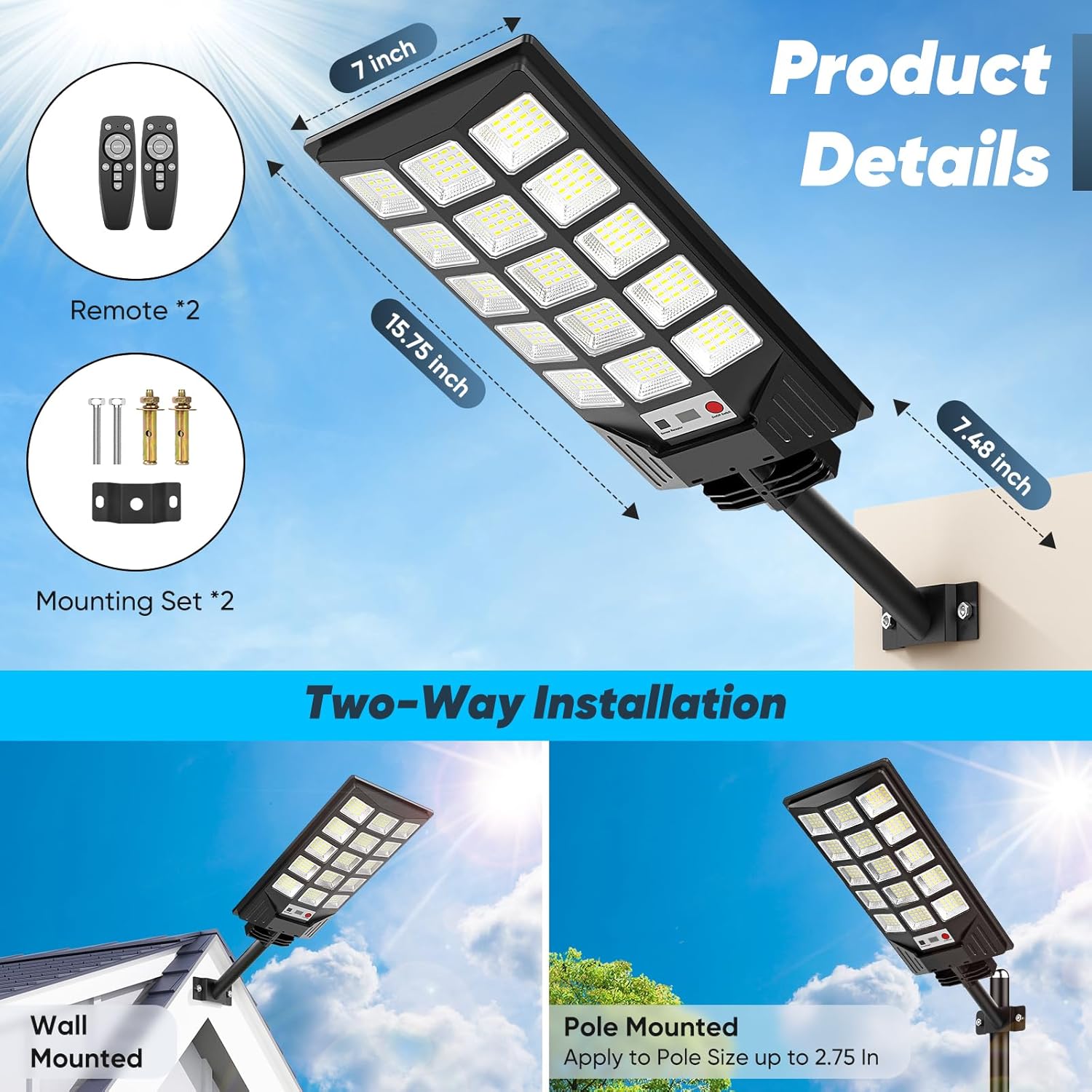Solar Street Lights Outdoor Waterproof, 30000LM 6500K LED Motion Sensor Lights, Solar Flood Lights with Remote, Dusk to Dawn Solar-Powered Parking Lot Light, Commercial Area Lighting for Yard, 2-Pack