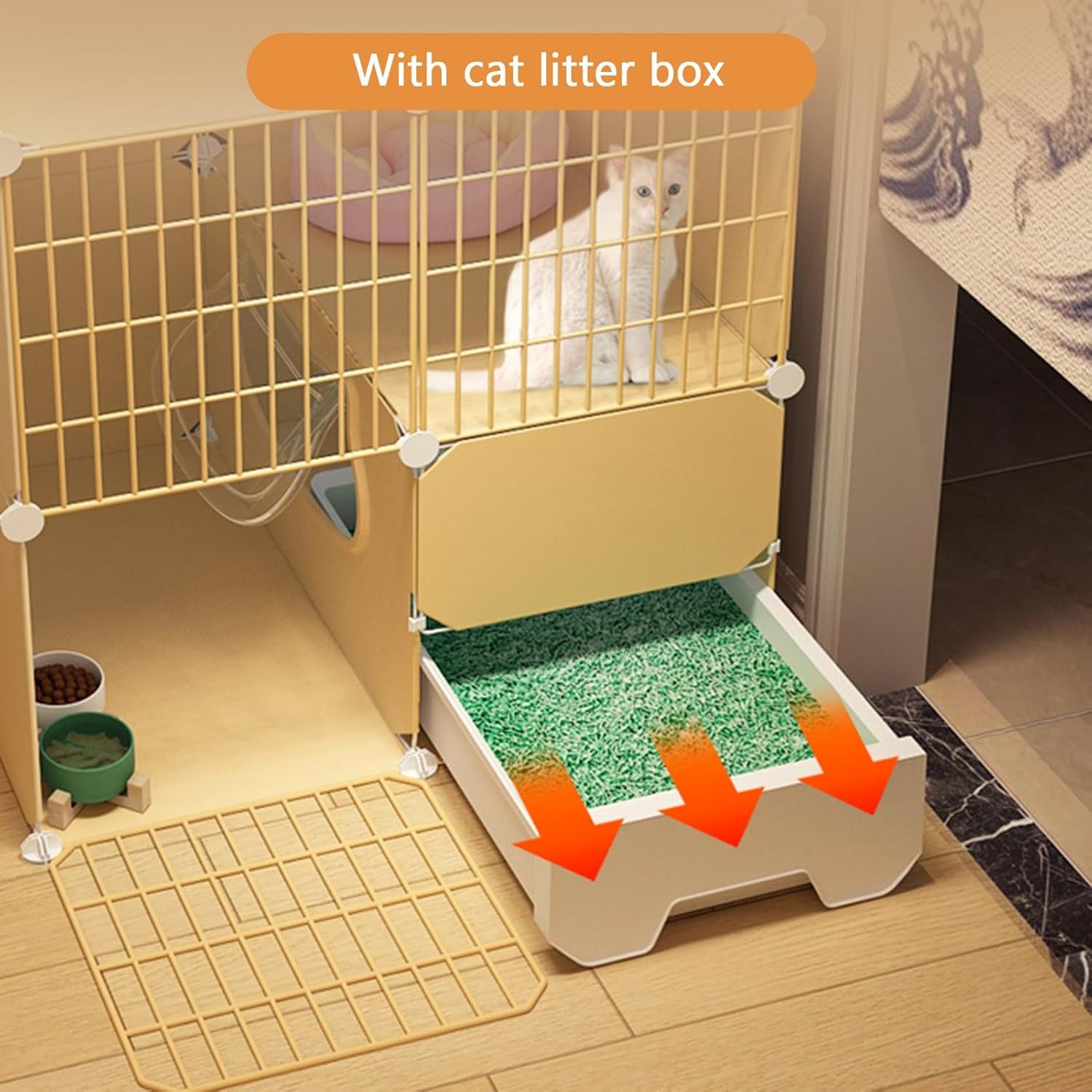 Cat Cage, Cat Playpen, Large Cat Enclosures, with Higher Fence Storage, Indoor Pet Playpen Detachable, DIY Cat House, Space-saving, Yellow, 15.3 Inches Wide(43.7x15.3x33.4in)