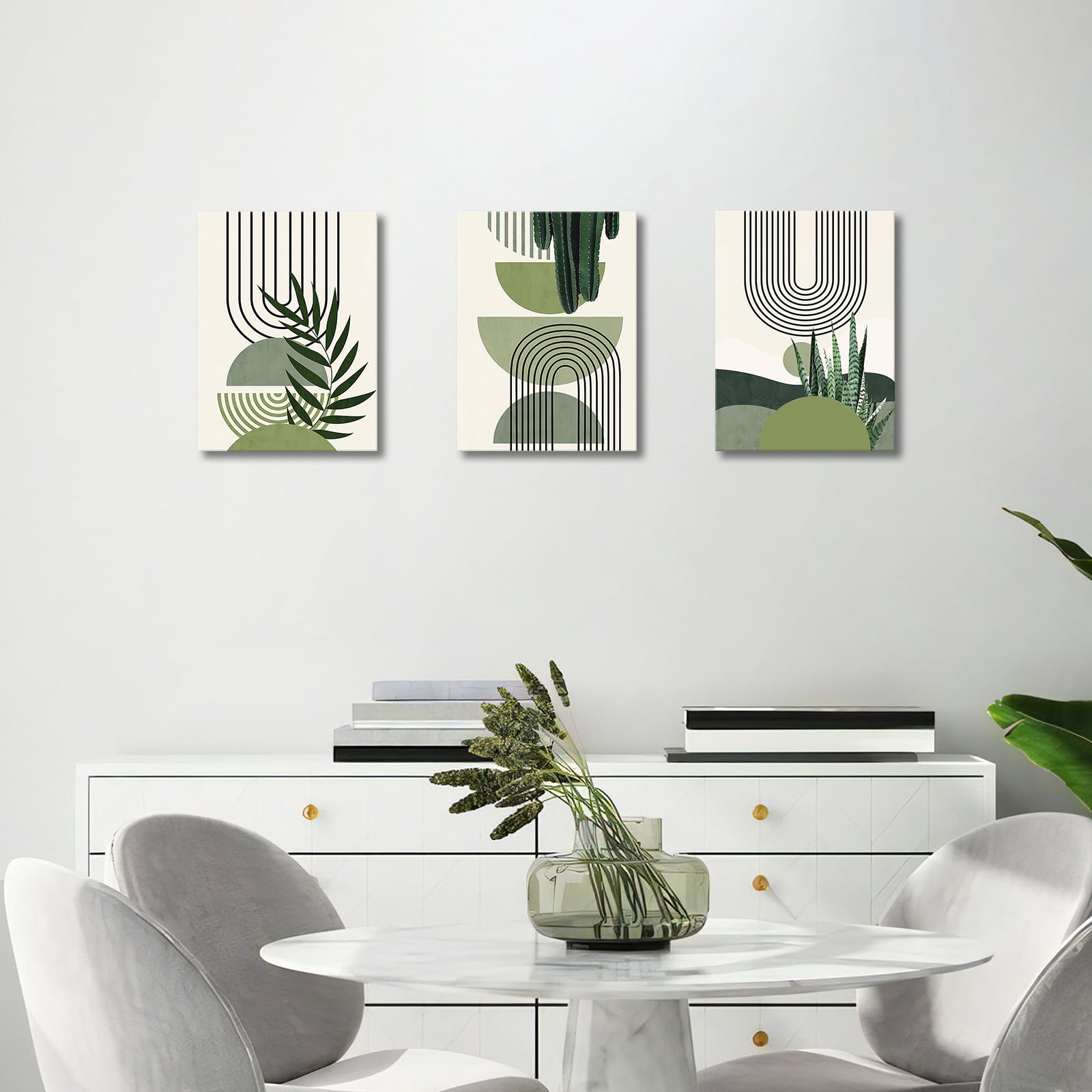 3 Pcs Wooden Framed Canvas Wall Art Set Bohemian Sage Green Canvas Prints Poster Geometric Line Beige Green Pictures for Living Room Bedroom Dinning Room Hallway Stairs Wall Decor 30x40cm x3pcs — view 3