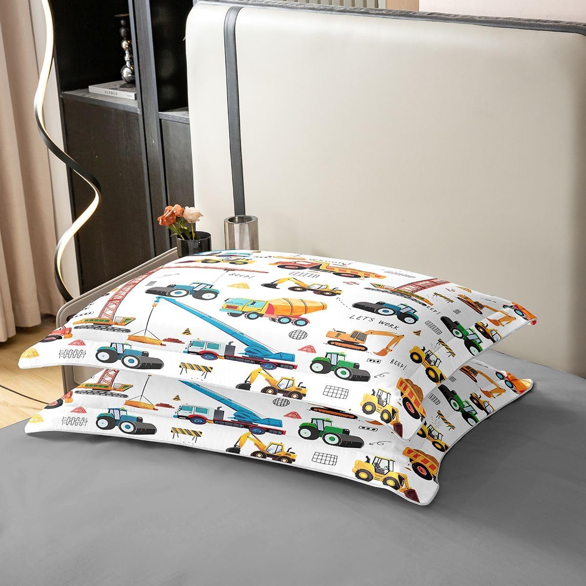 100% Cotton Excavator Duvet Cover twin, Tractor Machinery Trucks Bedding Set for Kids Boys, Construction Vehicle Comforter Cover, Bulldozer Crane Equipment Truck Yellow Green Room Decor Quilt Cover