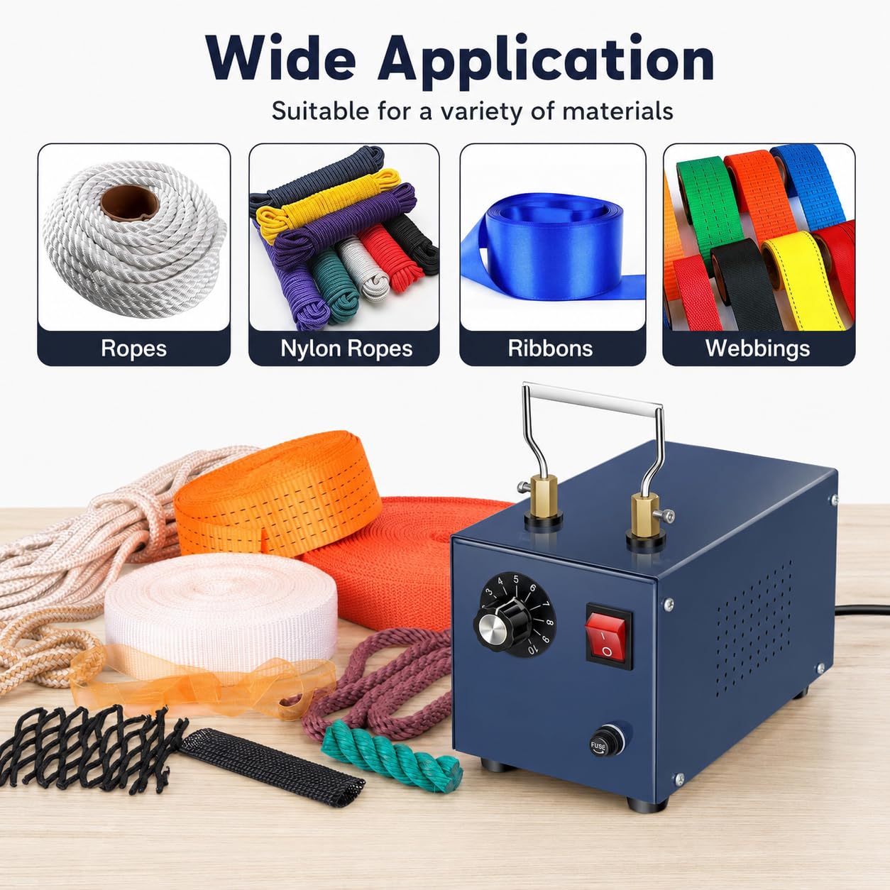 Cortador de cuerda eléctrico de 250 W con herramienta de calentamiento y cuchilla de 125 mm, temperatura máxima de 500 ℃ para cables de nailon PP y cinta trenzada.