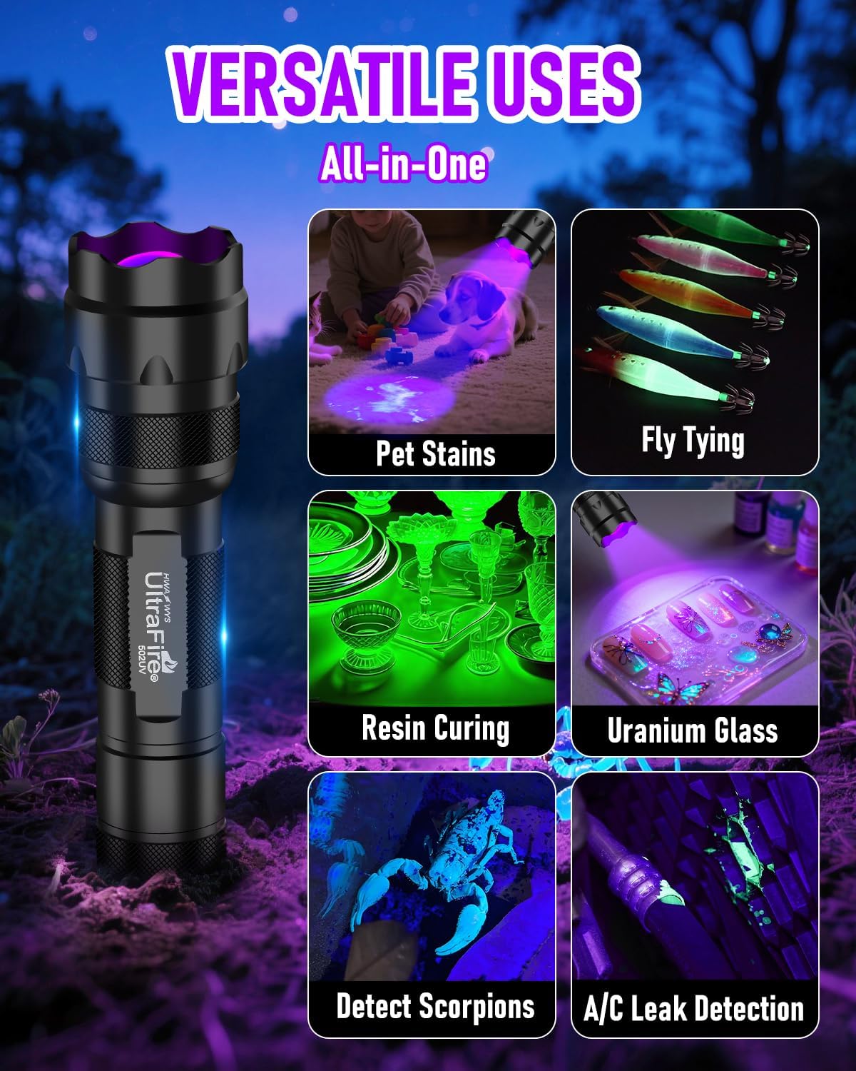 UltraFire Torcia UV 395nm LED a Luce Nera, Luce UV Regolabile a Fuoco, Piccola Torcia Ultravioletta LED per Indurimento Resine, Rilevamento di Fluorescenza, Macchie di Urina di Animali Domestici