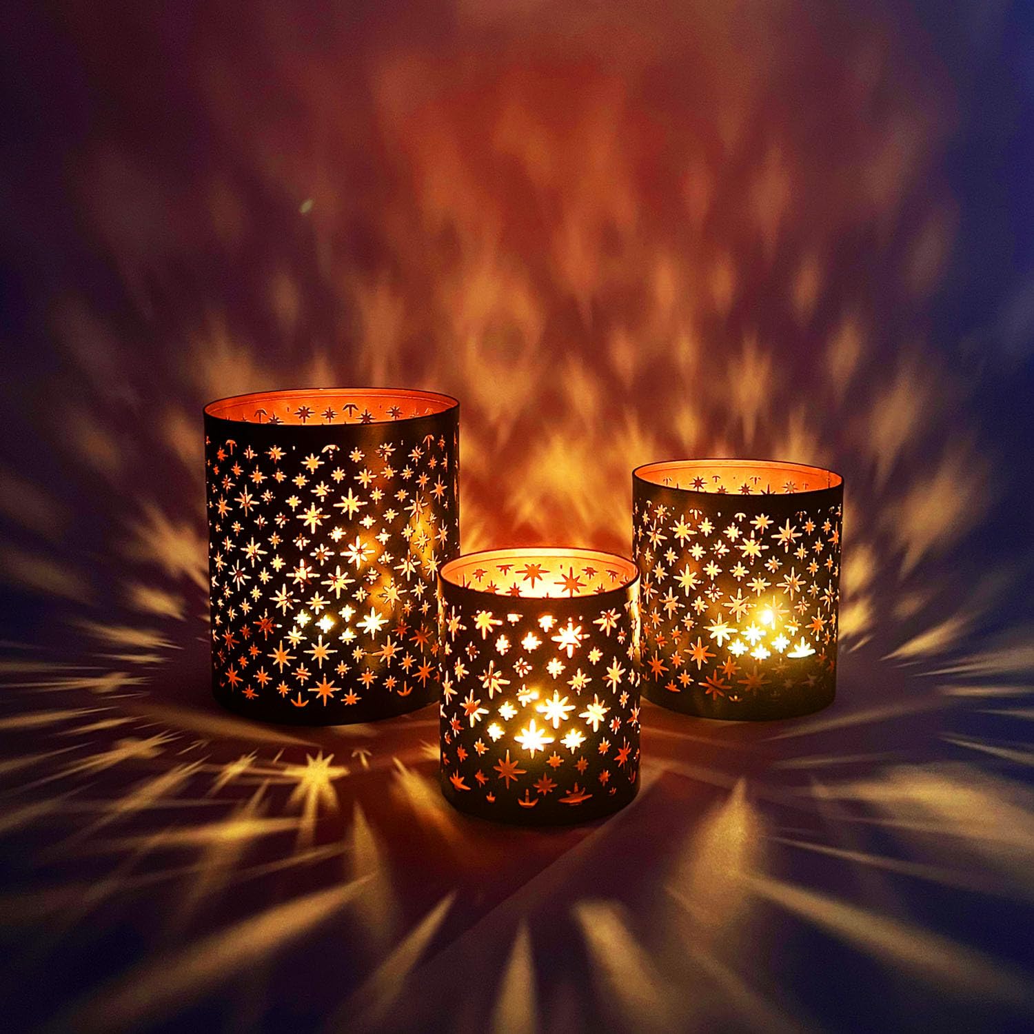 MARRAKESCH Juego de 3 portavelas de 14 cm grandes de metal, portavelas oriental de cobre negro y hammam como decoración de mesa