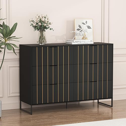 EazeHome Cómoda de 6 cajones para dormitorio, cómoda de 47.2 pulgadas de ancho con mango de metal, soporte de TV, organizador de almacenamiento de